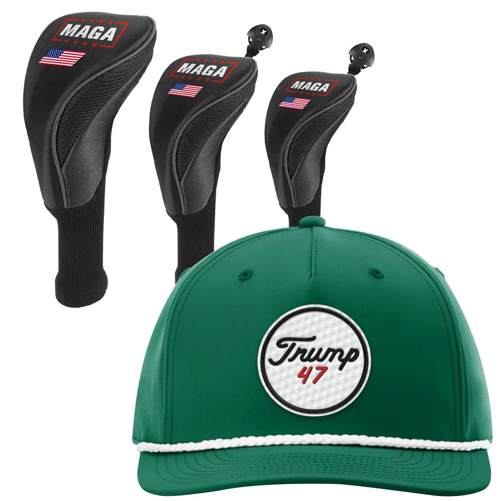 1 3 5 Golf Head Covers + Rope Hat / Kelly Green Trump 47 Golf Bundle | 1 3 5 Golf Head Covers + Rope Hat maga trump