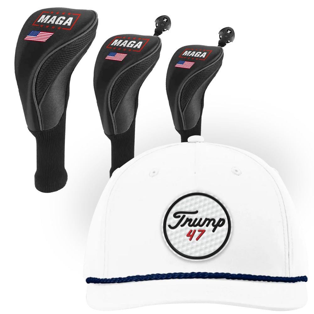 1 3 5 Golf Head Covers + Rope Hat / White/Navy Trump 47 Golf Bundle | 1 3 5 Golf Head Covers + Rope Hat maga trump