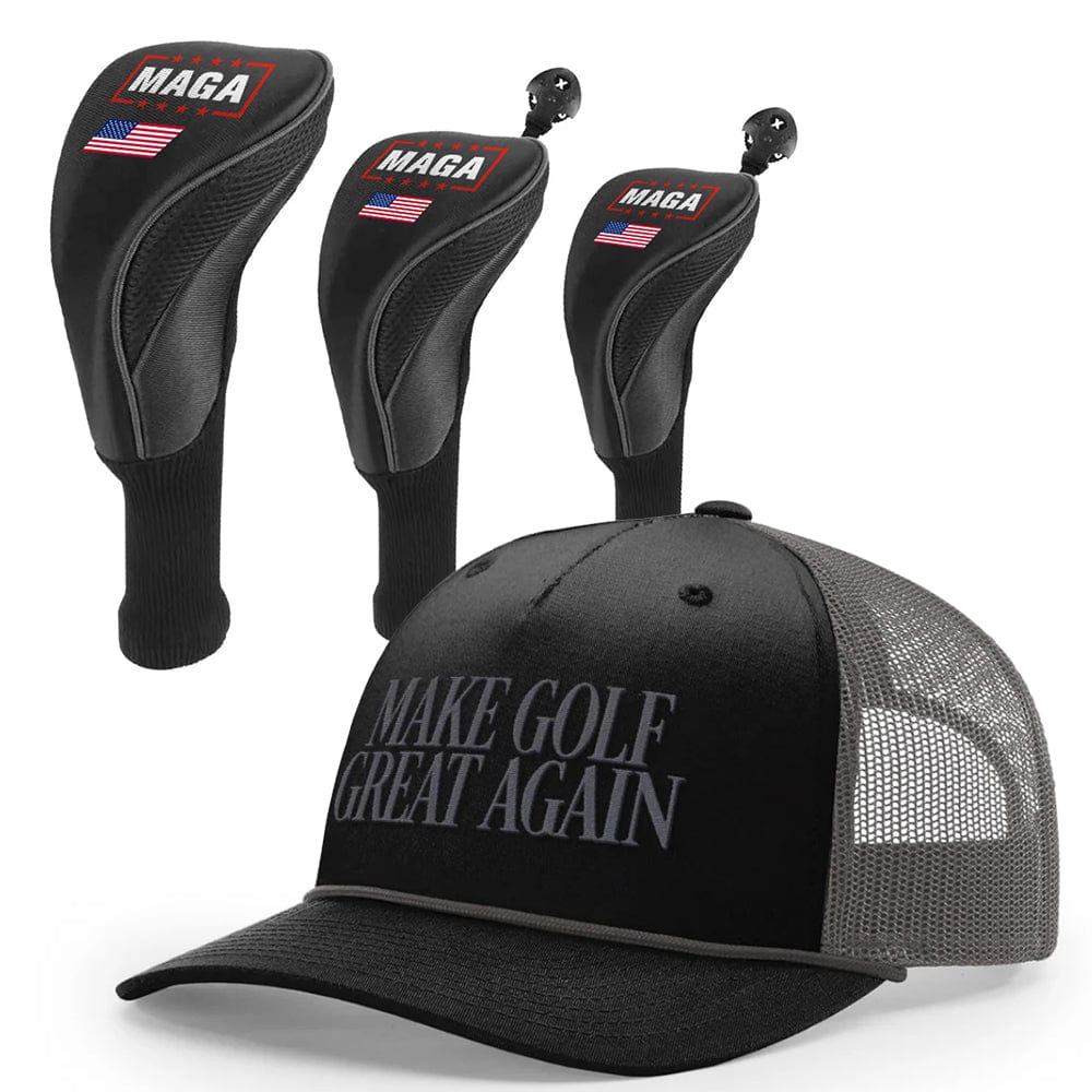 1 3 5 Golf Head Covers + Rope Trucker Hat / Black/Charcoal Make Golf Great Again Bundle | 1 3 5 Golf Head Covers + Rope Trucker Hat maga trump