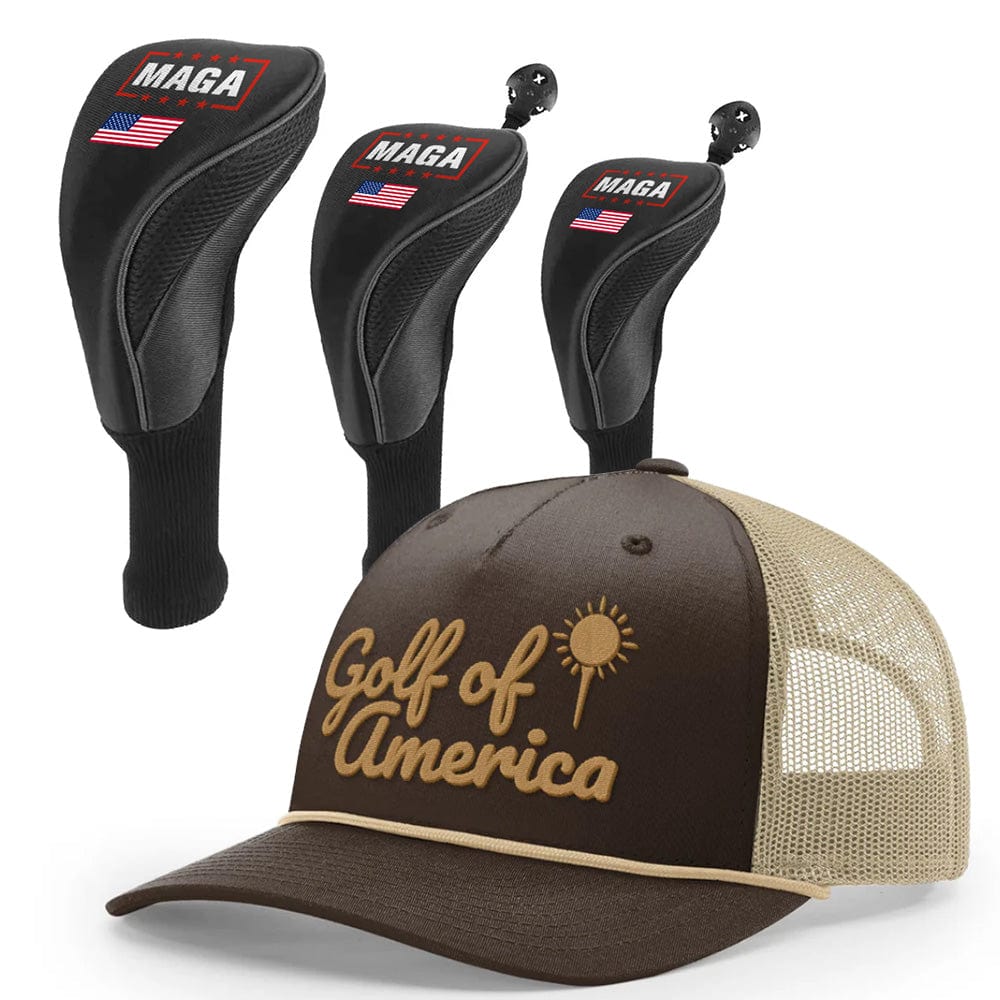1 3 5 Golf Head Covers + Rope Trucker Hat / Brown/Khaki Golf of America Bundle | 1 3 5 Golf Head Covers + Rope Trucker Hat maga trump