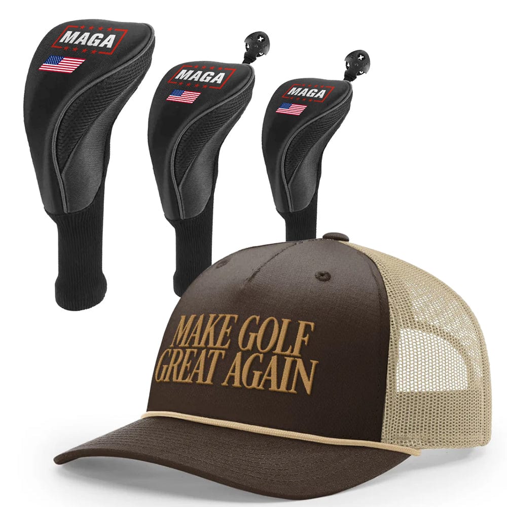 1 3 5 Golf Head Covers + Rope Trucker Hat / Brown/Khaki Make Golf Great Again Bundle | 1 3 5 Golf Head Covers + Rope Trucker Hat maga trump
