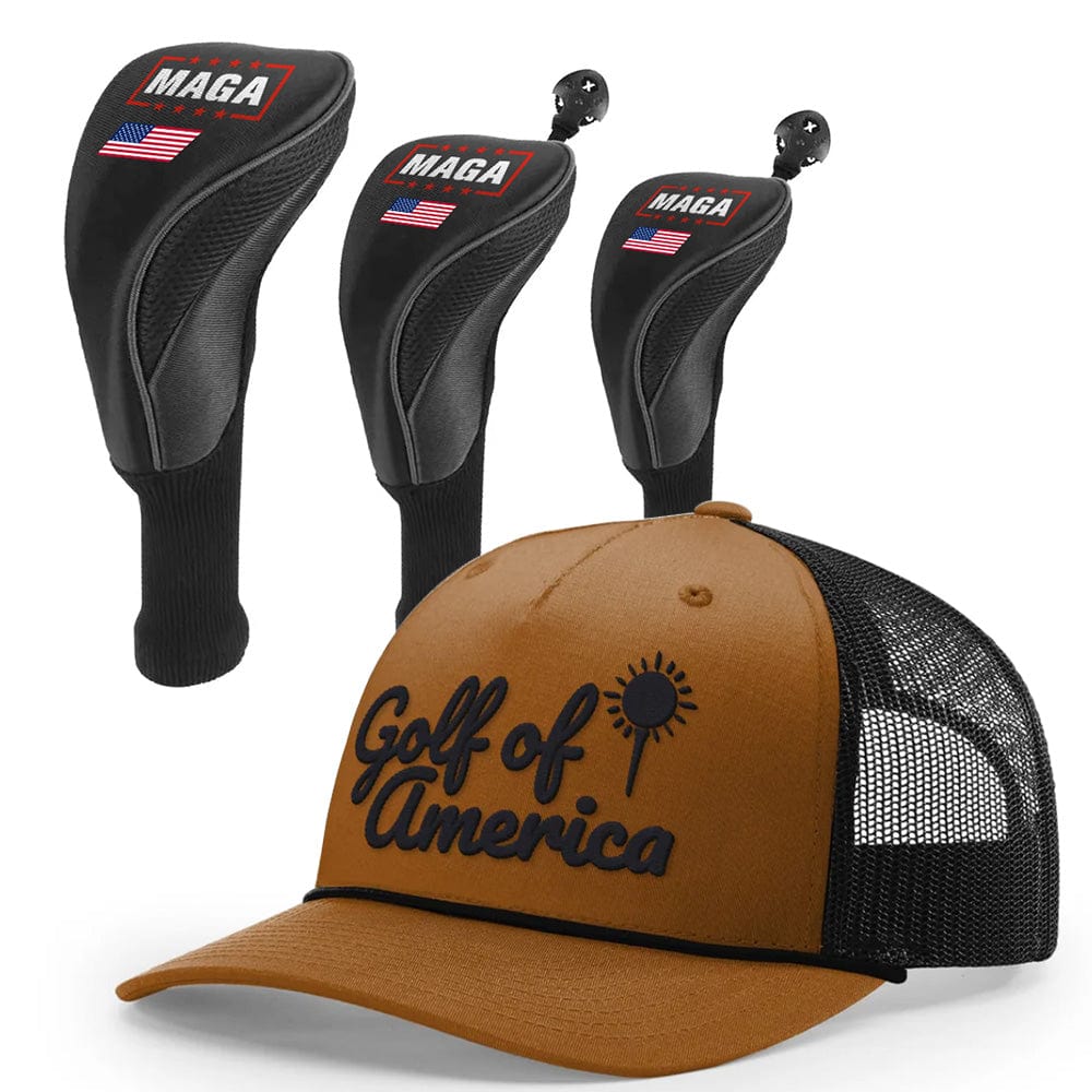 1 3 5 Golf Head Covers + Rope Trucker Hat / Caramel/Black Golf of America Bundle | 1 3 5 Golf Head Covers + Rope Trucker Hat maga trump