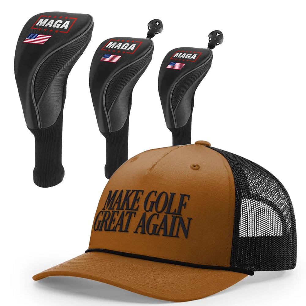 1 3 5 Golf Head Covers + Rope Trucker Hat / Caramel/Black Make Golf Great Again Bundle | 1 3 5 Golf Head Covers + Rope Trucker Hat maga trump