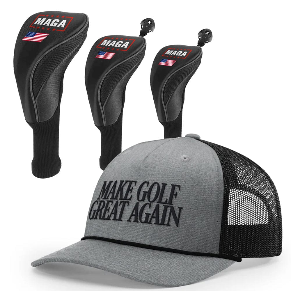 1 3 5 Golf Head Covers + Rope Trucker Hat / Heather Gray/Black Make Golf Great Again Bundle | 1 3 5 Golf Head Covers + Rope Trucker Hat maga trump