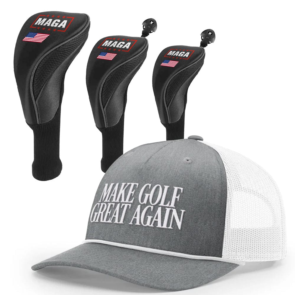 1 3 5 Golf Head Covers + Rope Trucker Hat / Heather Gray/White Make Golf Great Again Bundle | 1 3 5 Golf Head Covers + Rope Trucker Hat maga trump