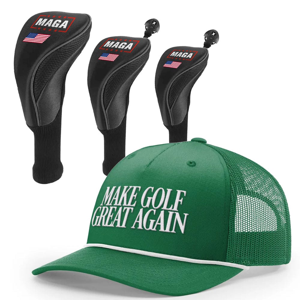 1 3 5 Golf Head Covers + Rope Trucker Hat / Kelly Green/White Make Golf Great Again Bundle | 1 3 5 Golf Head Covers + Rope Trucker Hat maga trump