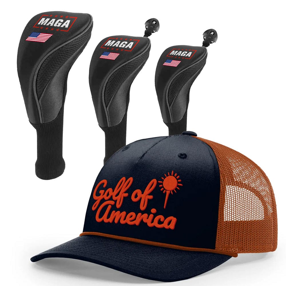 1 3 5 Golf Head Covers + Rope Trucker Hat / Navy/Orange Golf of America Bundle | 1 3 5 Golf Head Covers + Rope Trucker Hat maga trump
