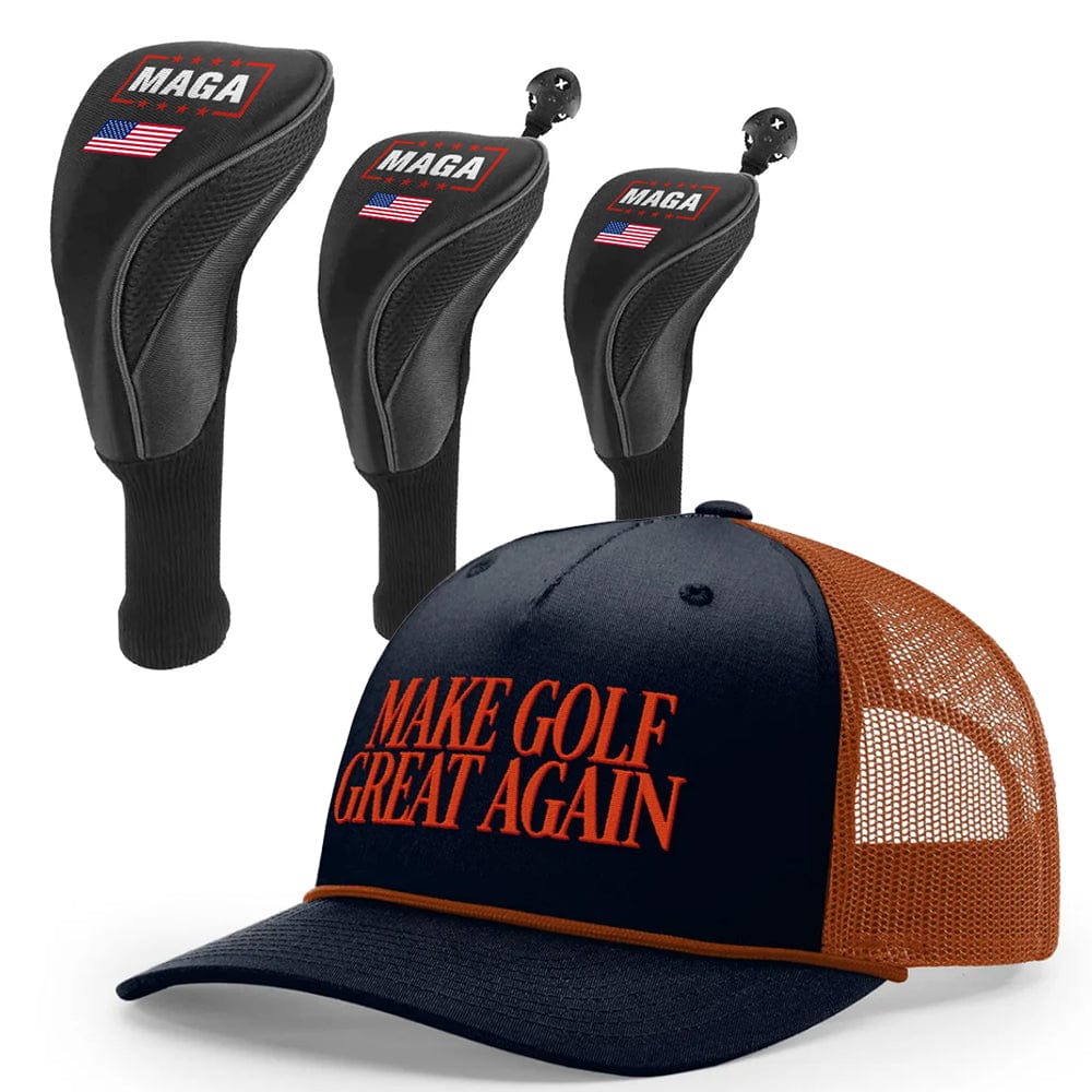 1 3 5 Golf Head Covers + Rope Trucker Hat / Navy/Orange Make Golf Great Again Bundle | 1 3 5 Golf Head Covers + Rope Trucker Hat maga trump