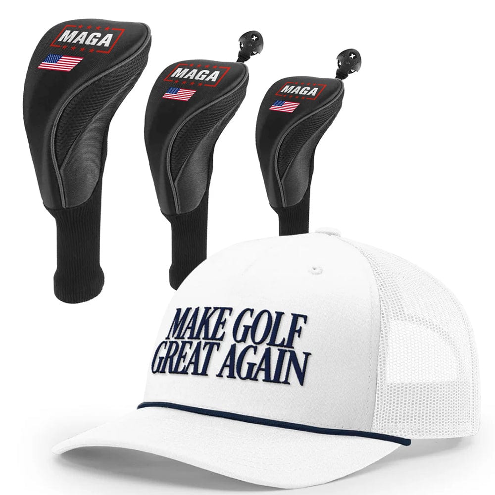 1 3 5 Golf Head Covers + Rope Trucker Hat / Navy/White Make Golf Great Again Bundle | 1 3 5 Golf Head Covers + Rope Trucker Hat maga trump