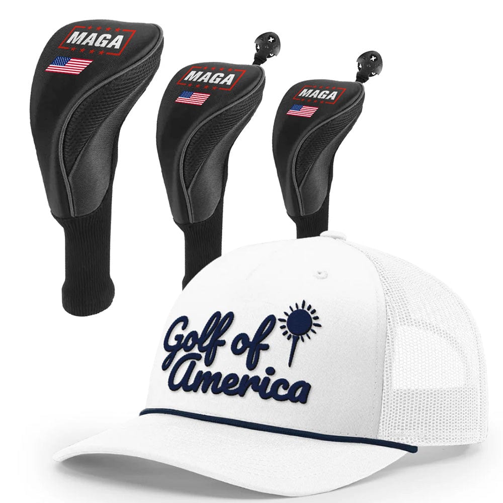 1 3 5 Golf Head Covers + Rope Trucker Hat / White/Navy Golf of America Bundle | 1 3 5 Golf Head Covers + Rope Trucker Hat maga trump