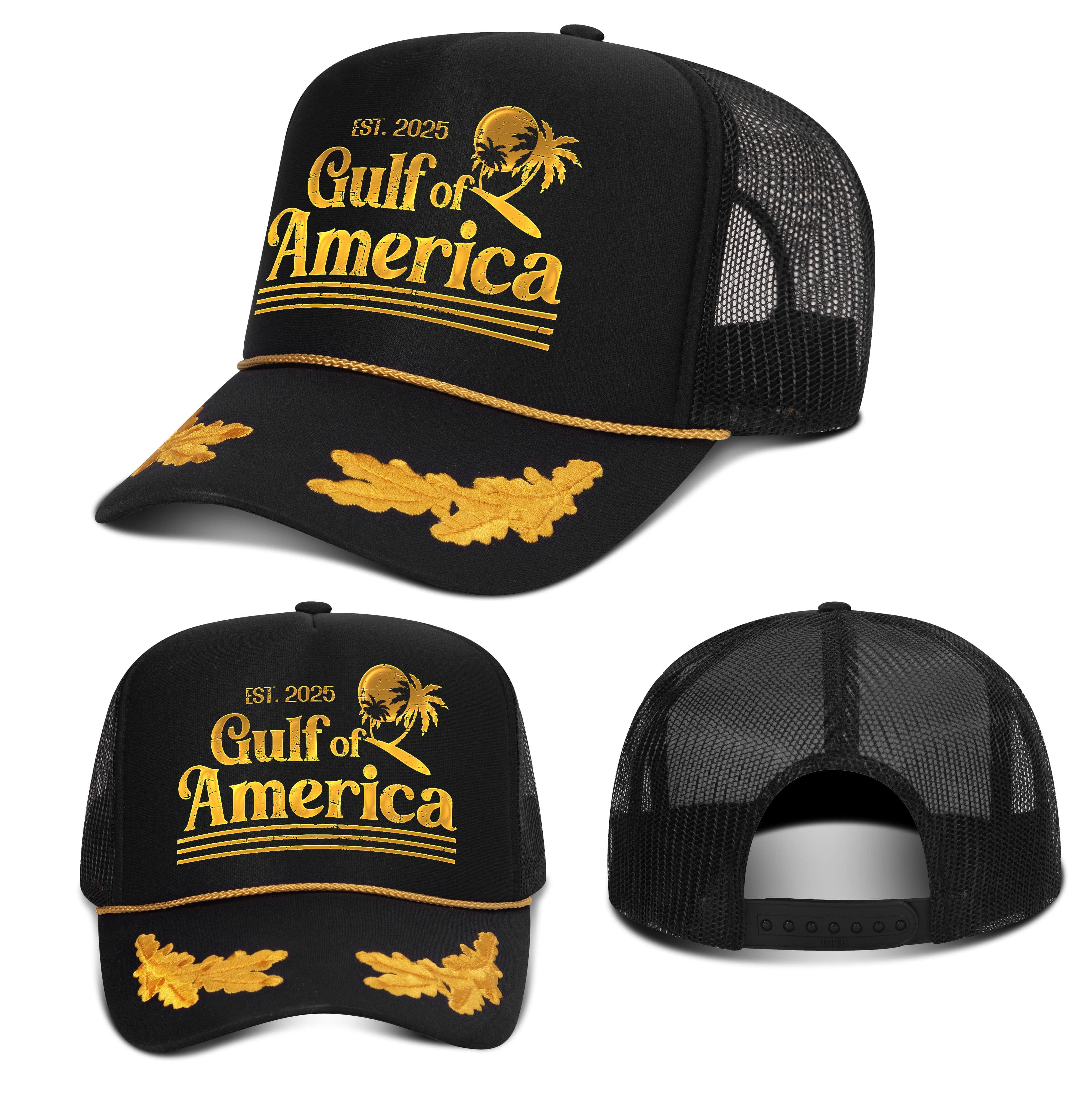 5 Panel High Crown / Black Gulf Of America EST 2025 v2 Captain Rope Hat maga trump