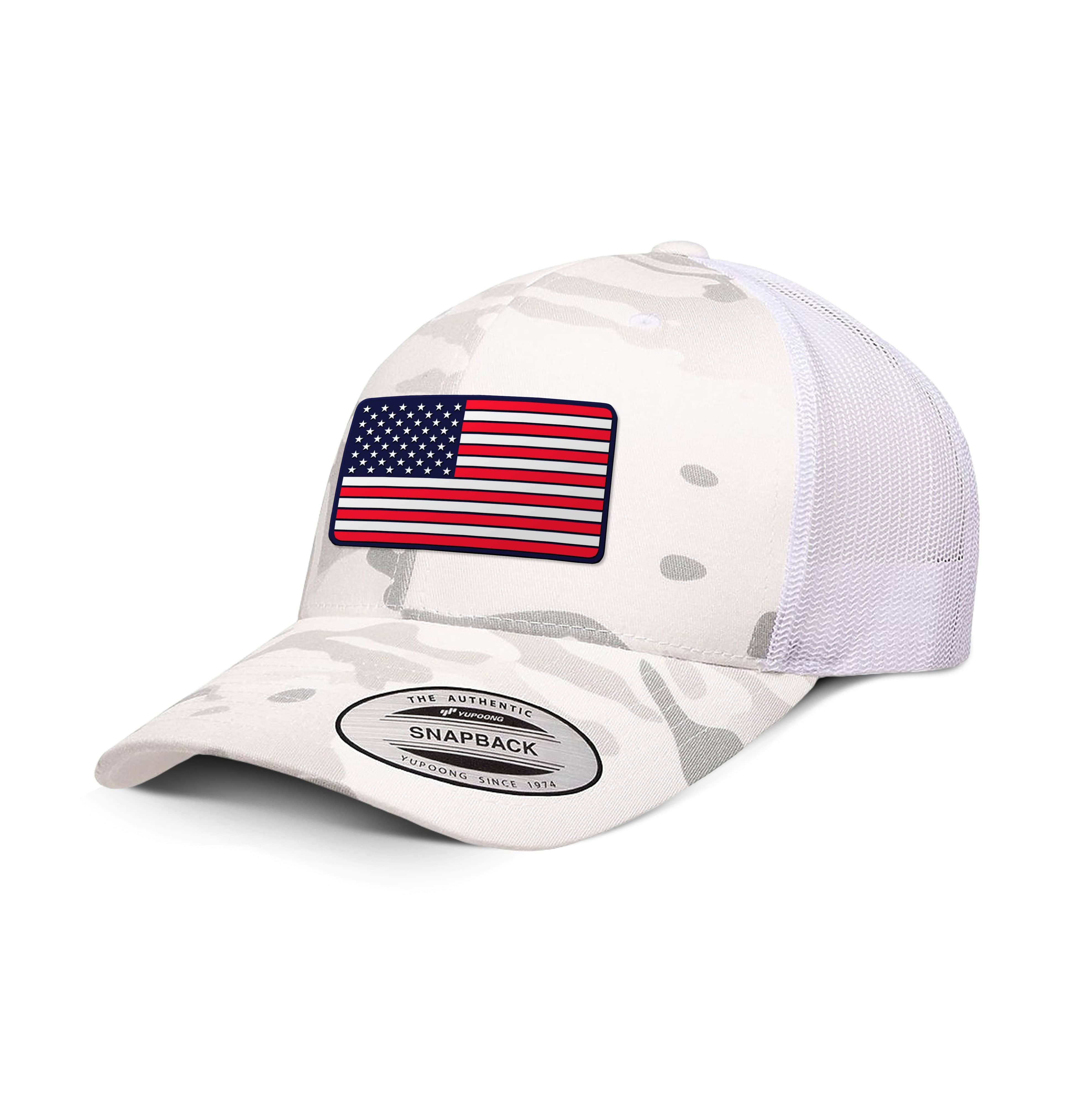 Adjustable Snapback Trucker Cap / Alpine White USA FLAG PVC Camo Edition Trucker Hat maga trump