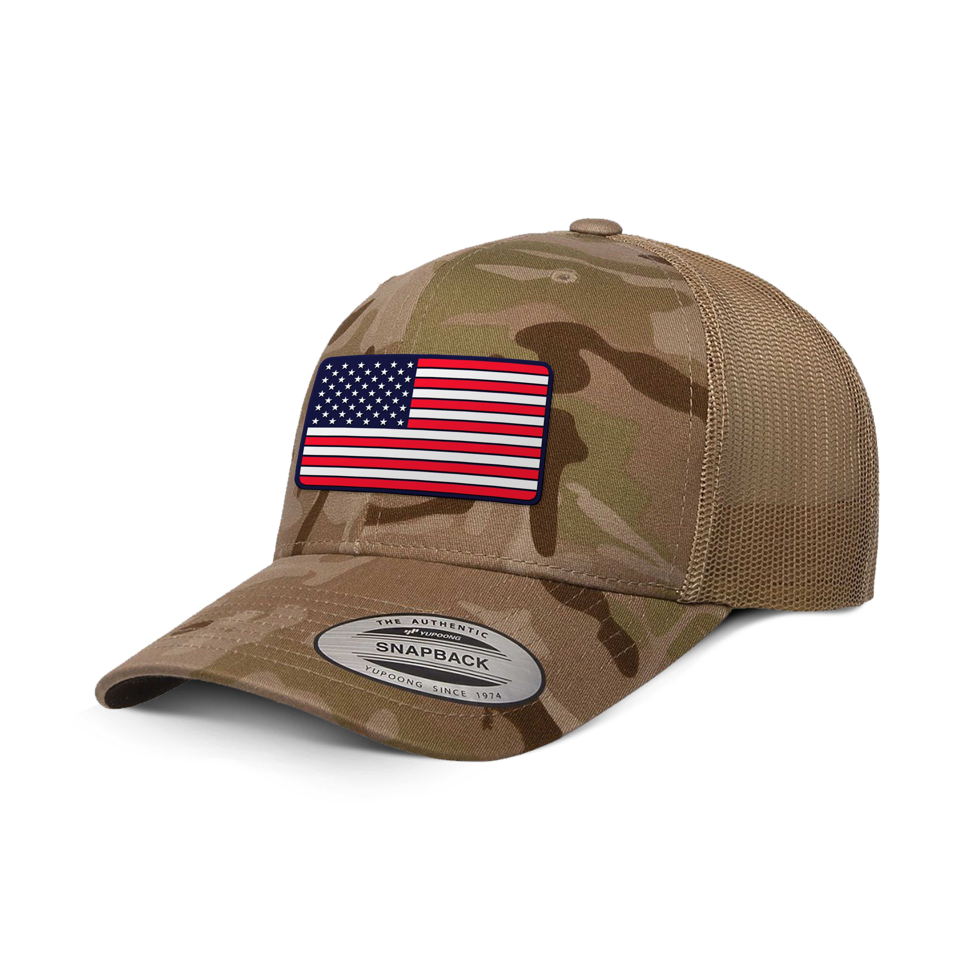 Adjustable Snapback Trucker Cap / Arid Tan USA FLAG PVC Camo Edition Trucker Hat maga trump