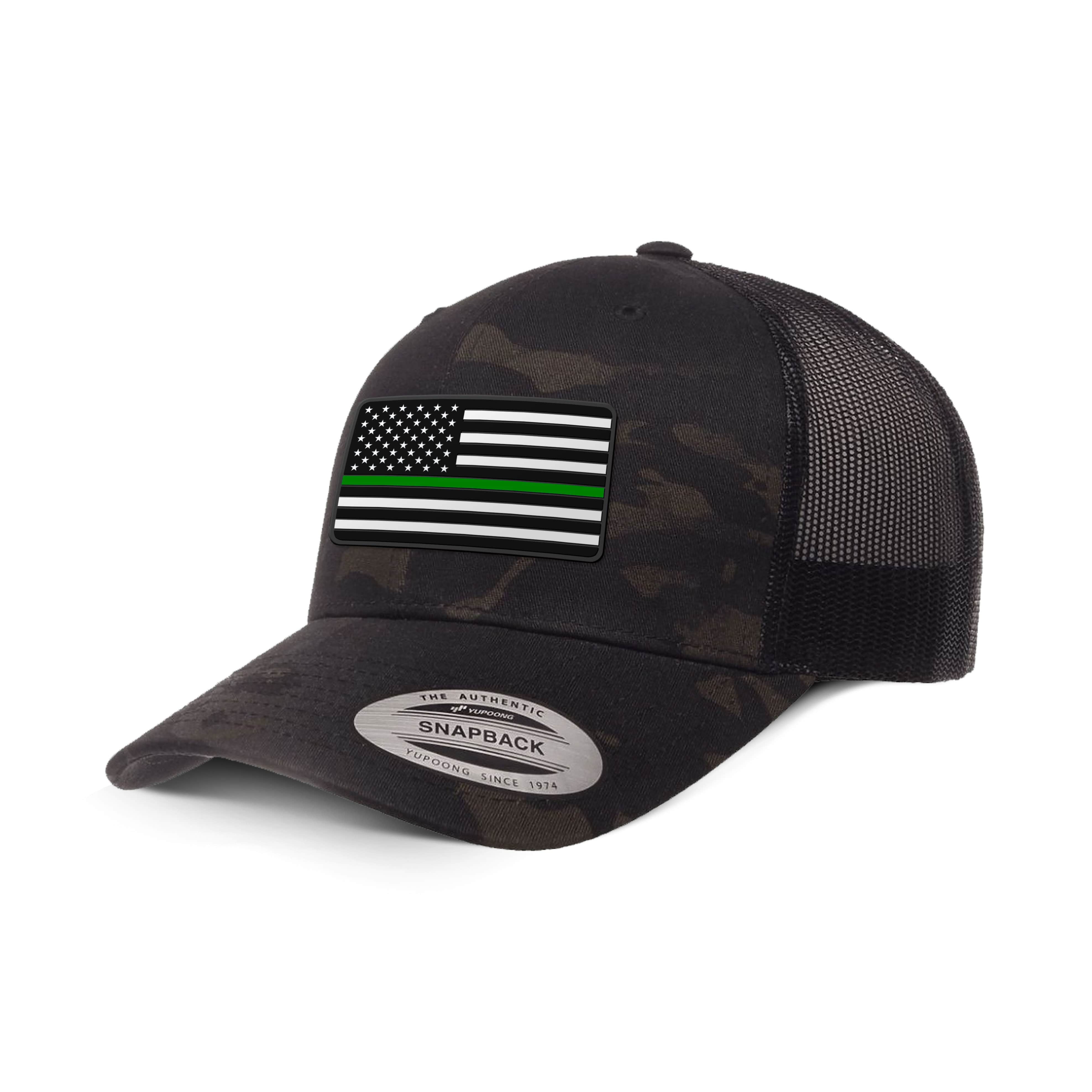 Adjustable Snapback Trucker Cap / Black Multicam USA THIN GREEN FLAG Camo Edition Trucker Hat maga trump