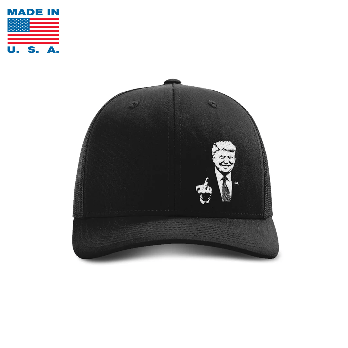 Adjustable Snapback Trucker Cap / Black Trump "Flipping the Bird" Trucker Hat Made in the USA maga trump