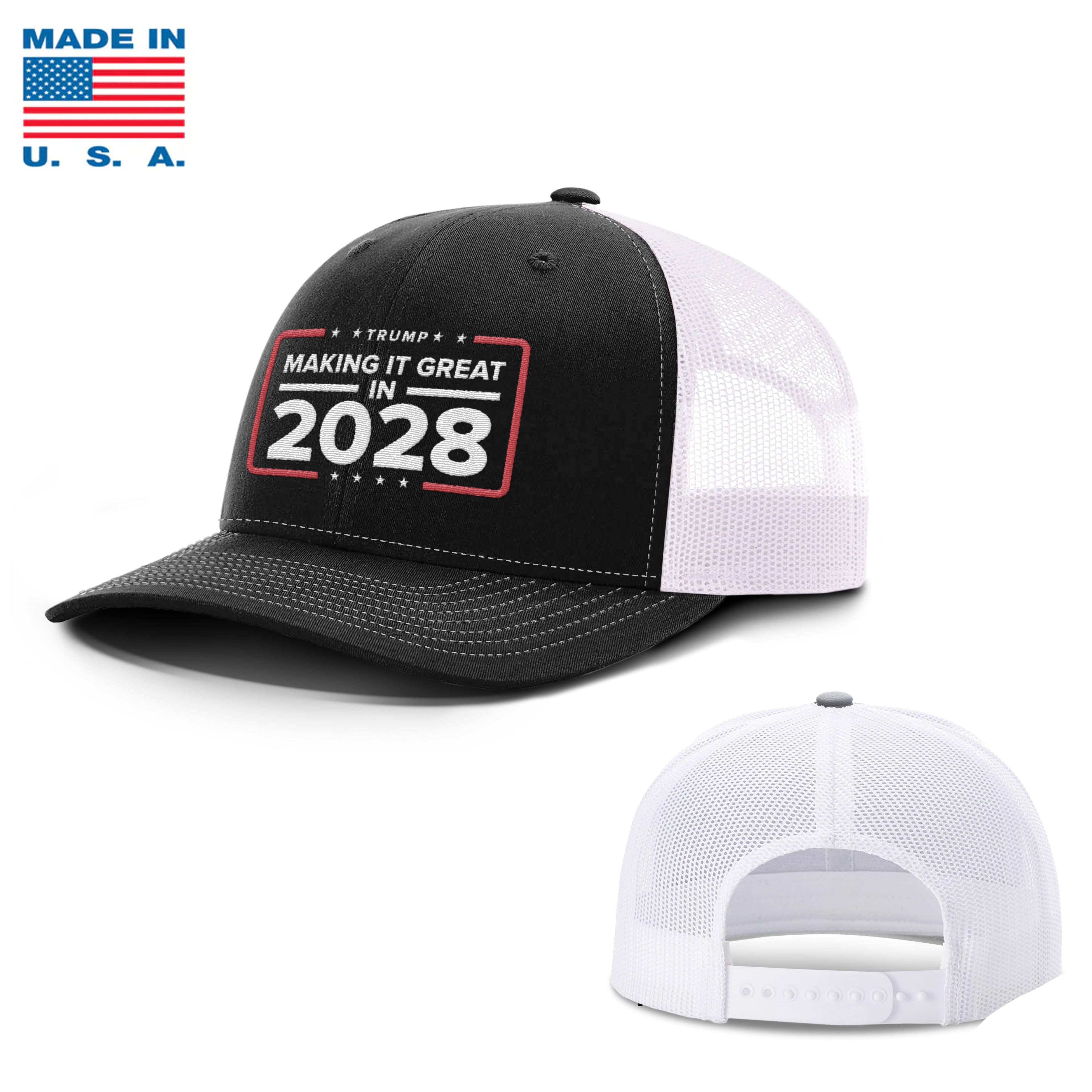 Adjustable Snapback Trucker Cap / Black/White Making it Great in 2028 Trucker Hat Made in the USA maga trump