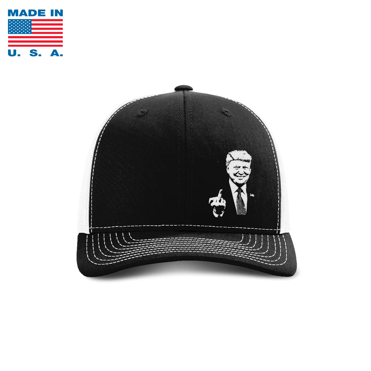 Adjustable Snapback Trucker Cap / Black/ White Trump "Flipping the Bird" Trucker Hat Made in the USA maga trump