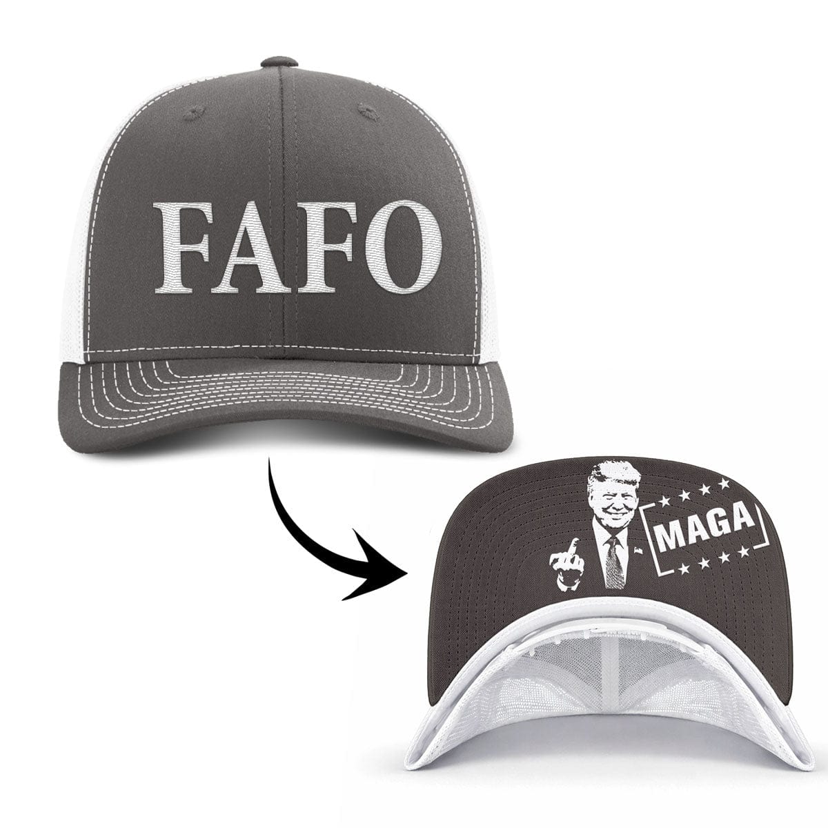 Adjustable Snapback Trucker Cap / Charcoal/White / OS FAFO Trucker (MF Hat) maga trump