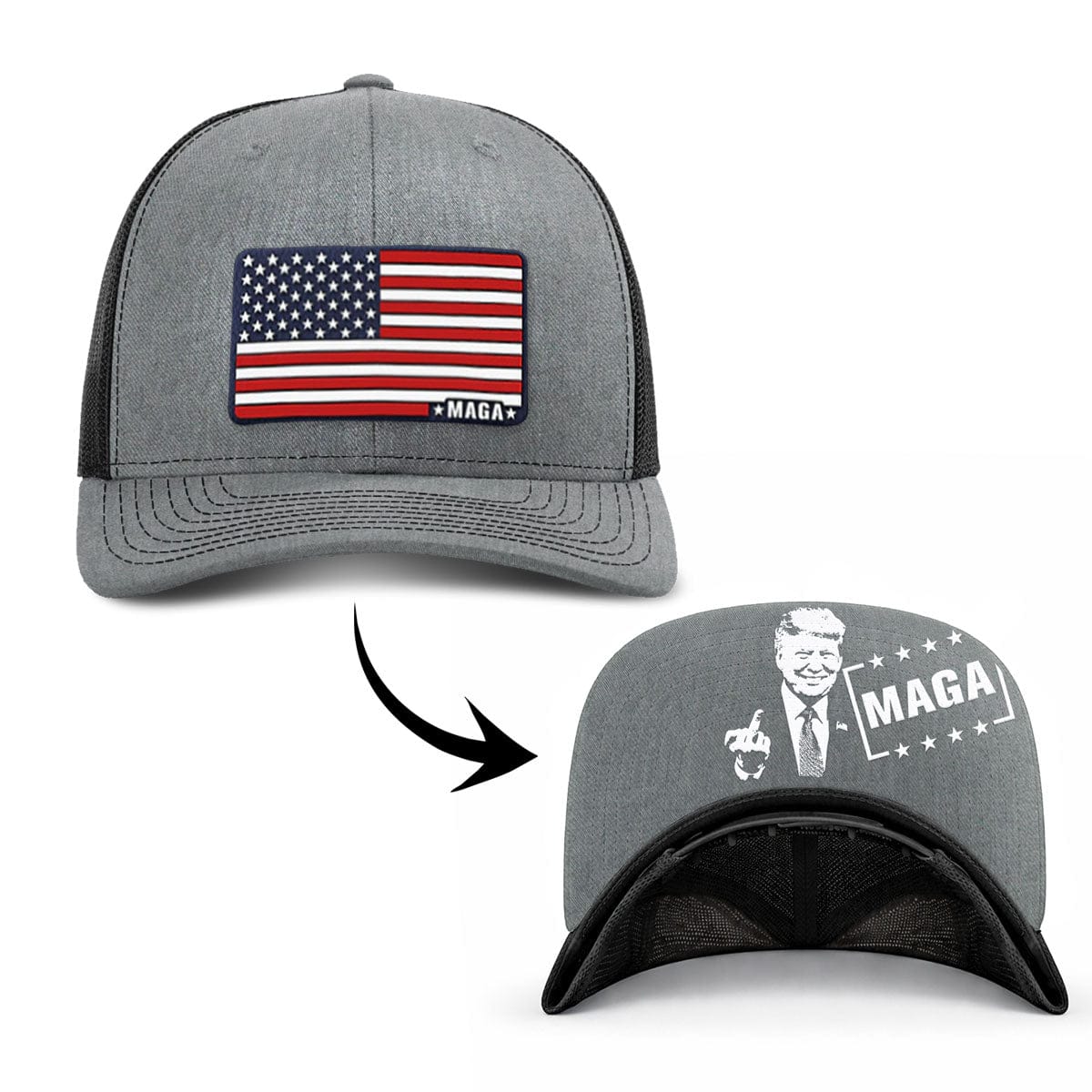 Adjustable Snapback Trucker Cap / Heather Gray/Black / OS Maga American Flag (MF Hat) maga trump