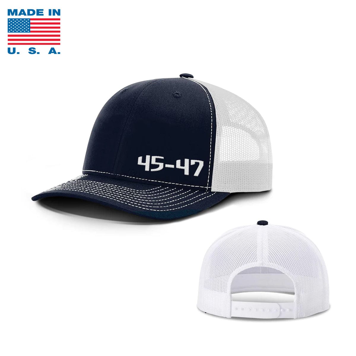 Adjustable Snapback Trucker Cap / Navy/ White 45-47 Lower Left Trucker Hat Made in the USA maga trump