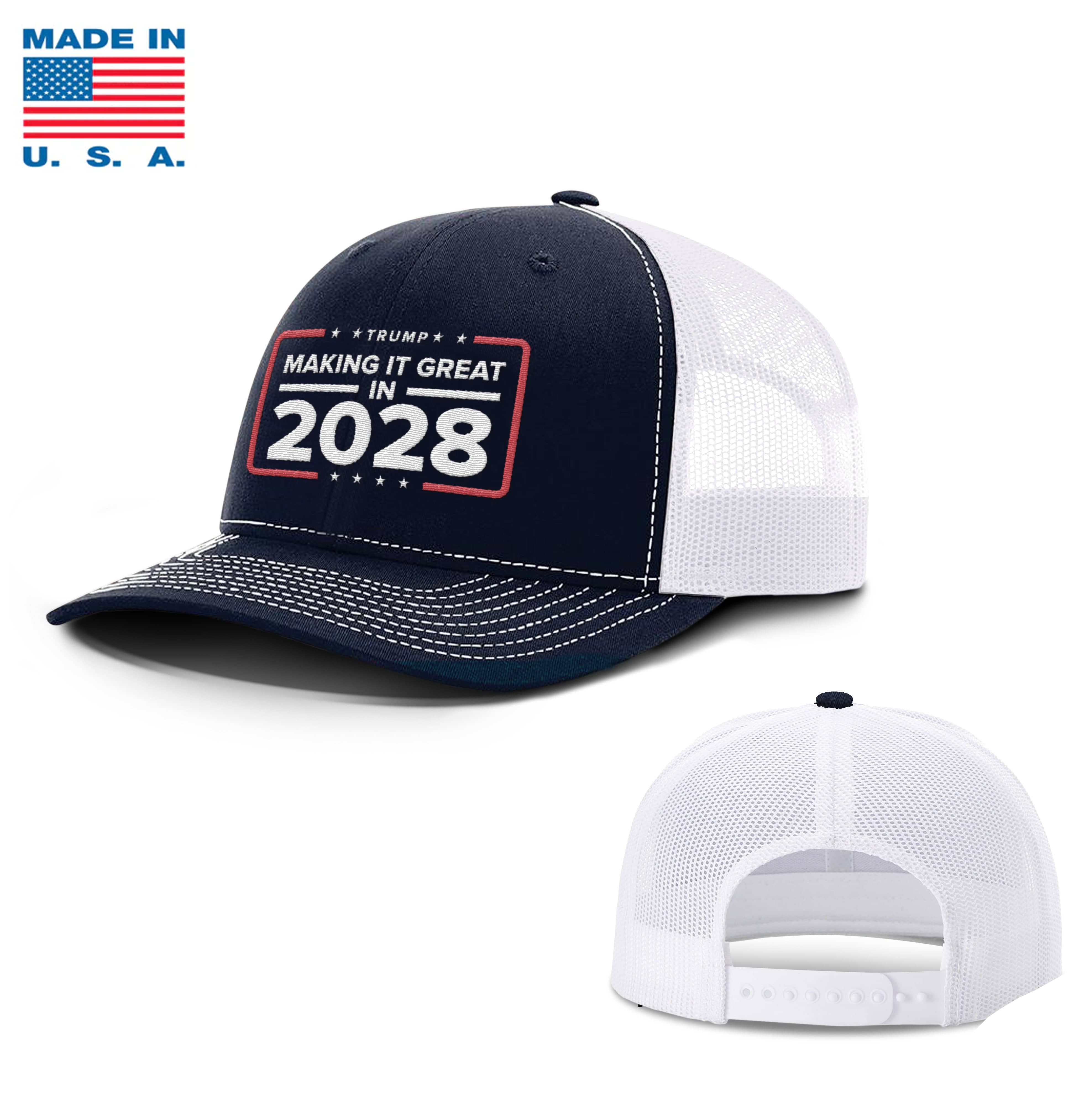 Adjustable Snapback Trucker Cap / Navy/White Making it Great in 2028 Trucker Hat Made in the USA maga trump