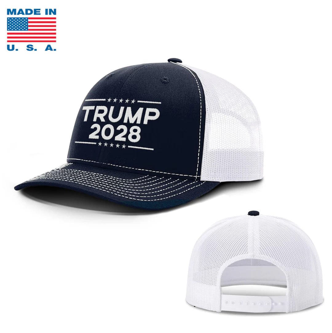 Adjustable Snapback Trucker Cap / Navy/White Trump 2028 Trucker Hat Made in the USA maga trump