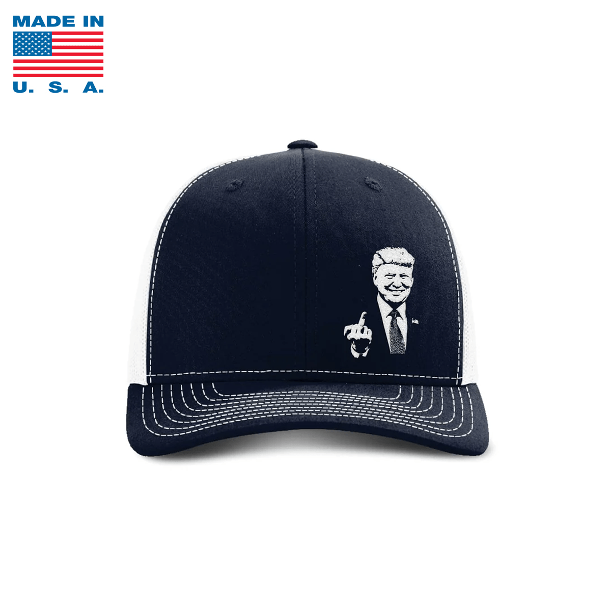 Adjustable Snapback Trucker Cap / Navy/White Trump "Flipping the Bird" Trucker Hat Made in the USA maga trump
