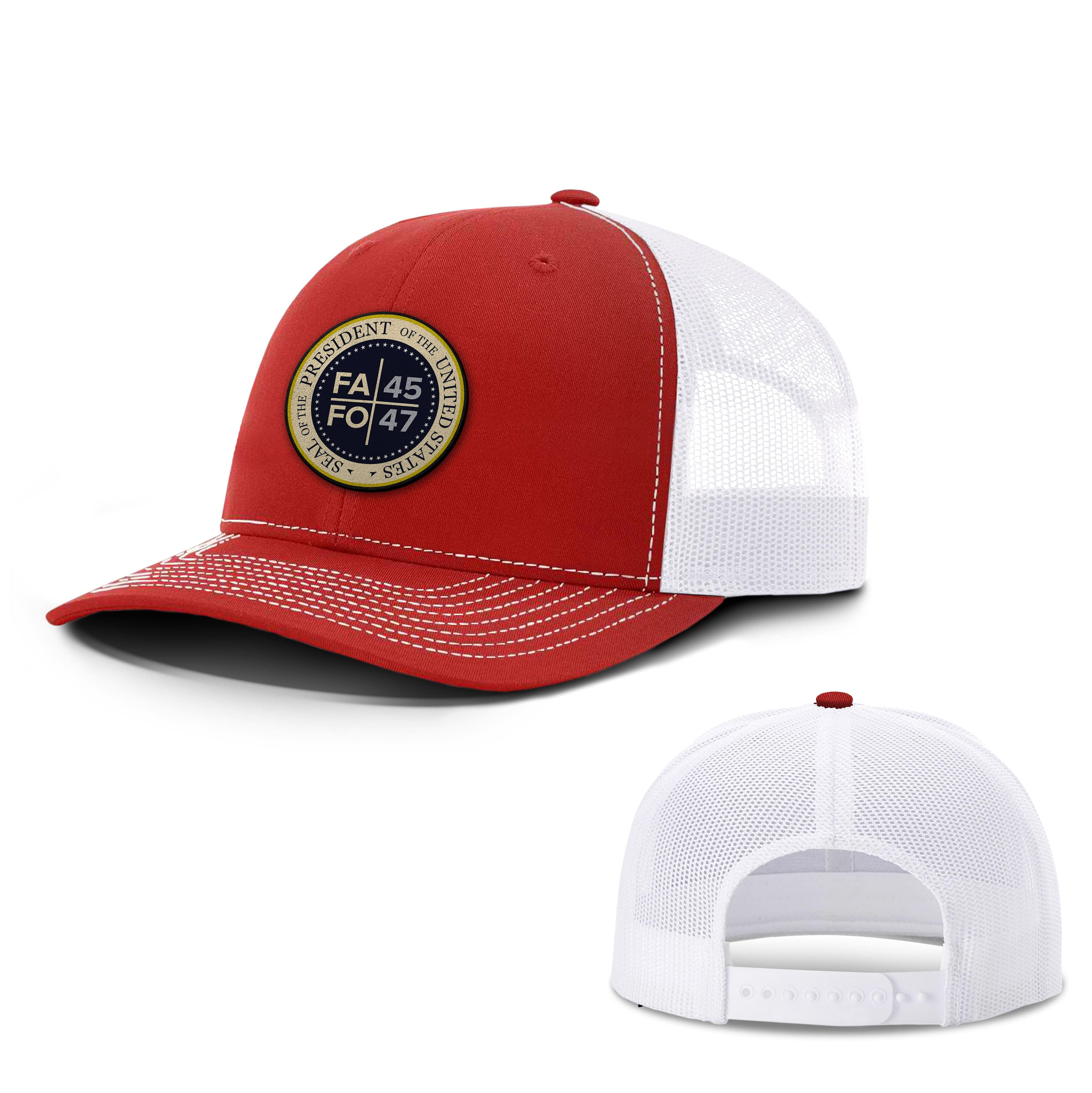 Adjustable Snapback Trucker Cap / Red/ White FAFO 45 47 Leather Patch Trucker Hat maga trump