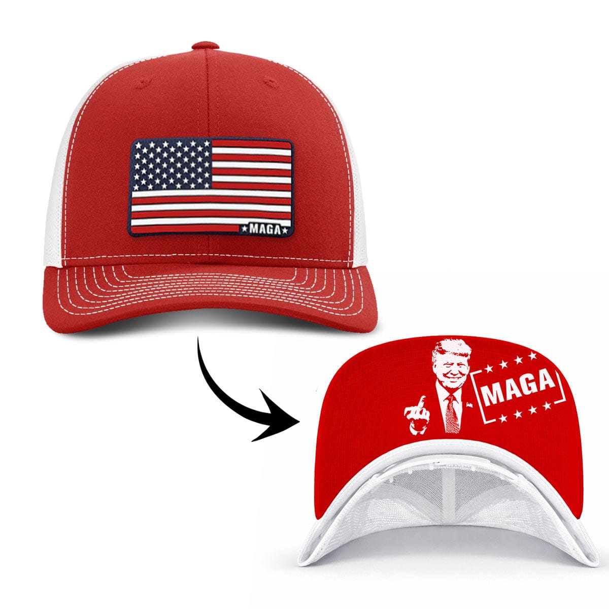 Adjustable Snapback Trucker Cap / Red/White / OS Maga American Flag (MF Hat) maga trump