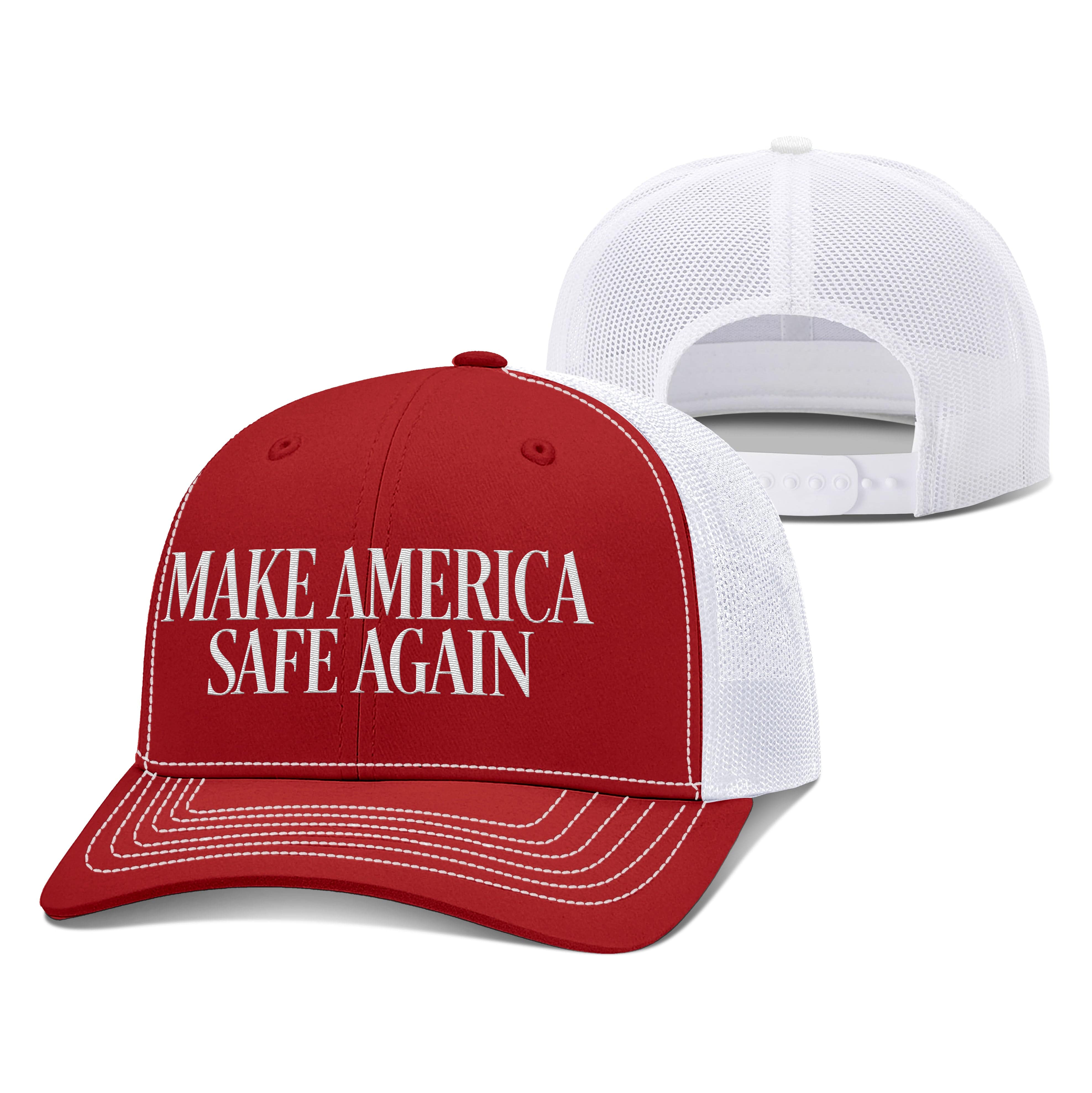 Adjustable Snapback Trucker Cap / Red/White / OS MAKE AMERICA SAFE AGAIN Trucker Hat maga trump
