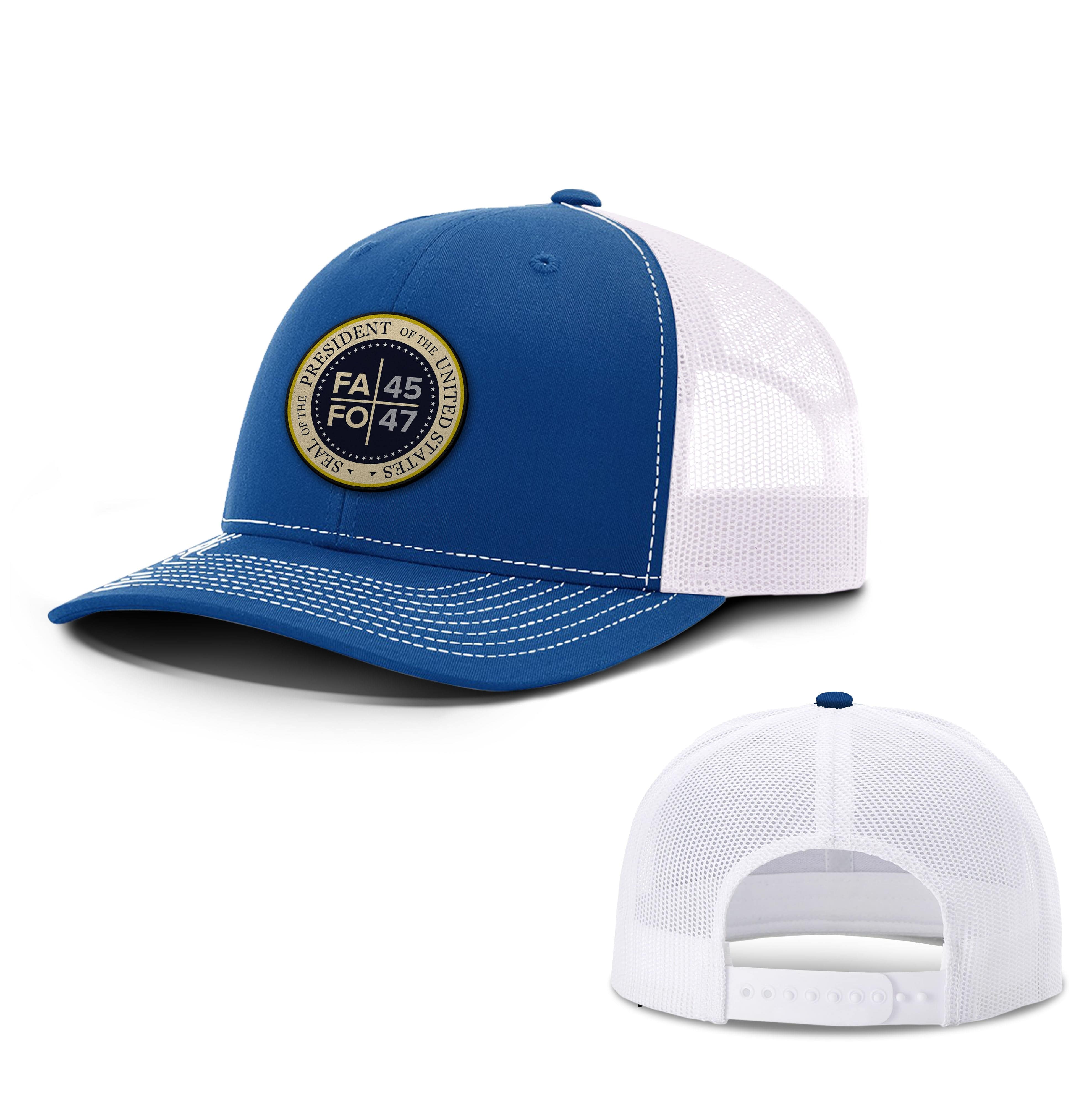 Adjustable Snapback Trucker Cap / Royal/ White FAFO 45 47 Leather Patch Trucker Hat maga trump