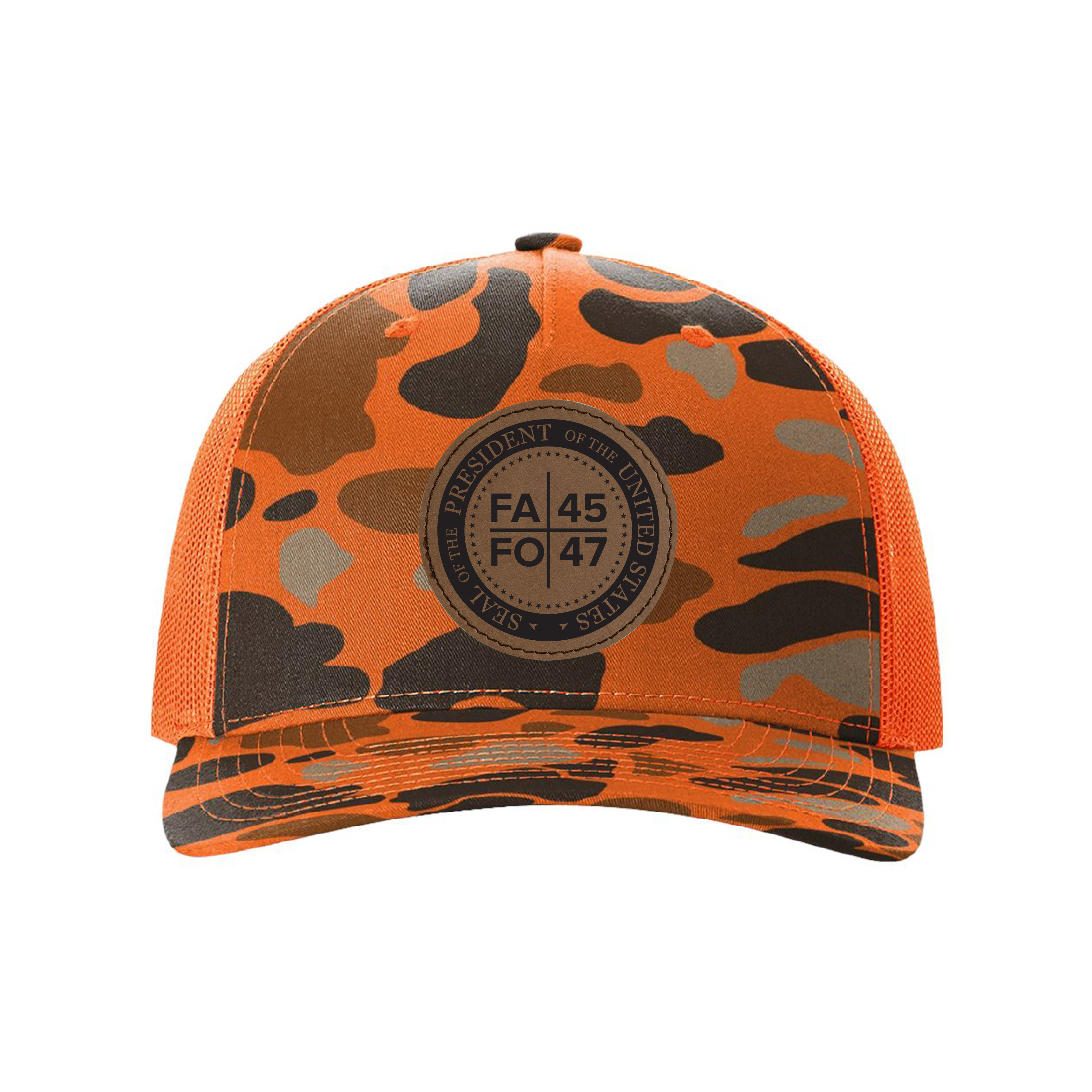 Blaze Duck Camo/Blaze / Black FAFO Leather Patch Hunting Hats maga trump