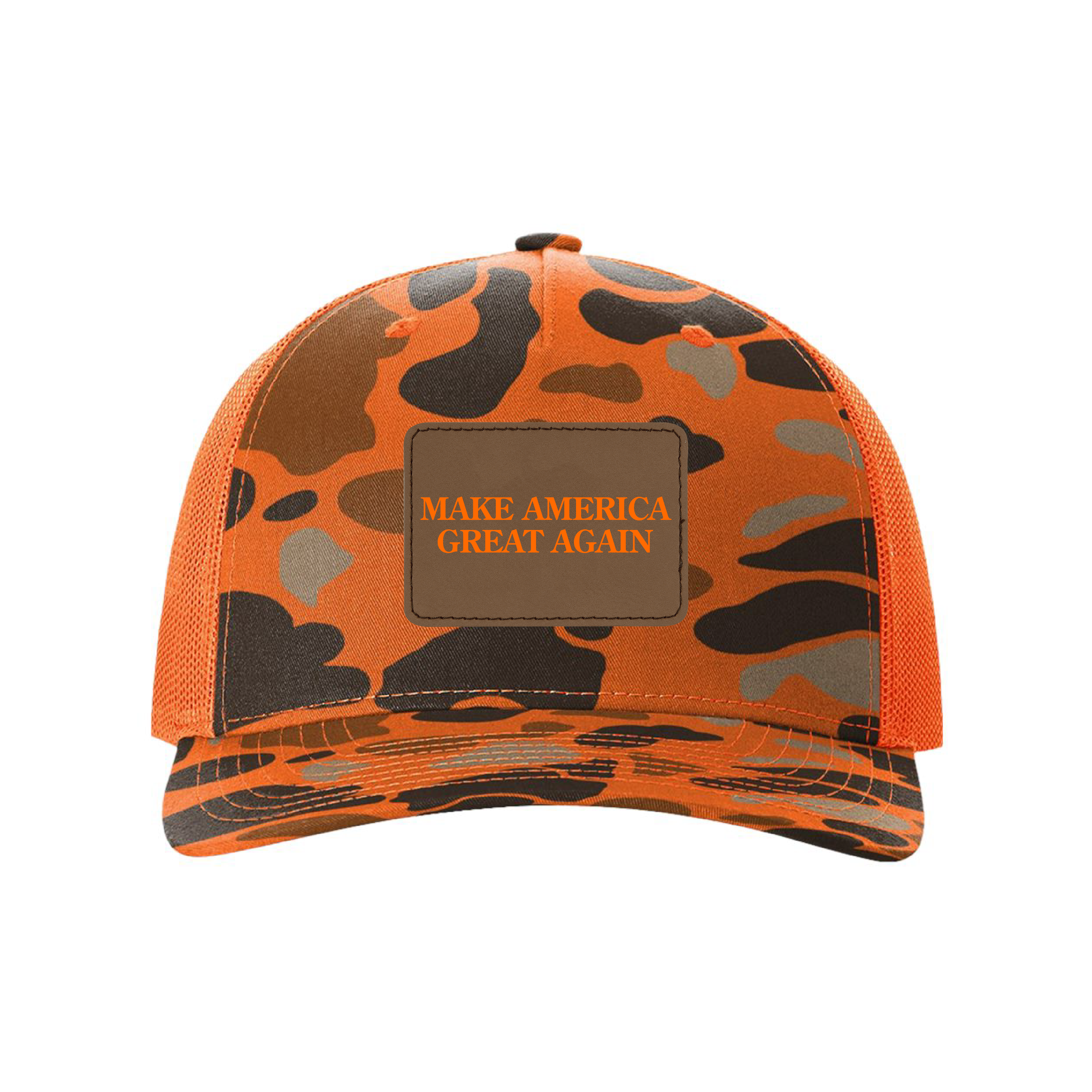 Blaze Duck Camo/Blaze / Orange Make America Great Again Leather Patch Hunting Hats maga trump