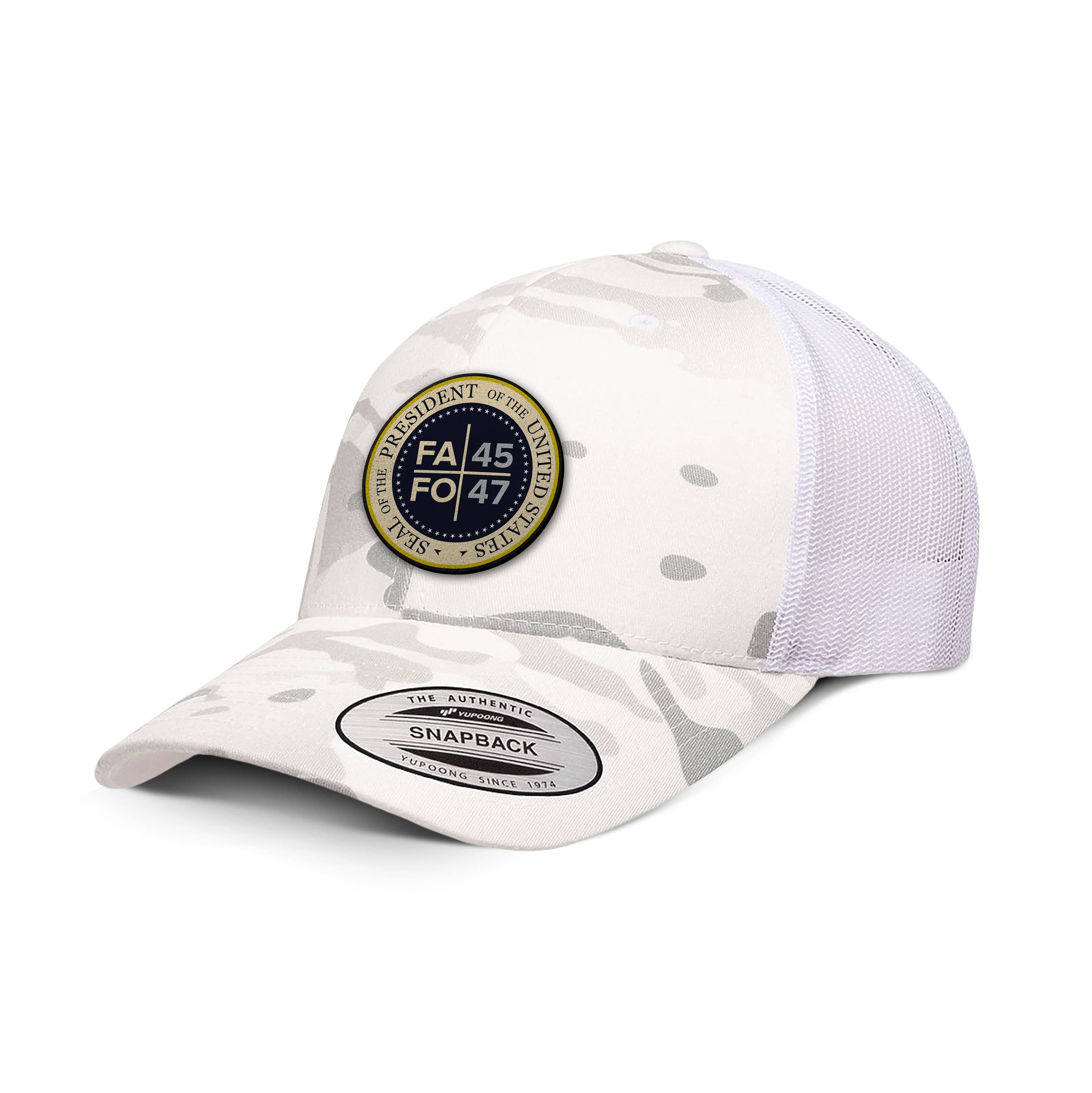 Classics Six-Panel Retro Trucker Cap / Alpine White / OS FAFO 45 47 Leather Patch Camo Edition Trucker Hat maga trump
