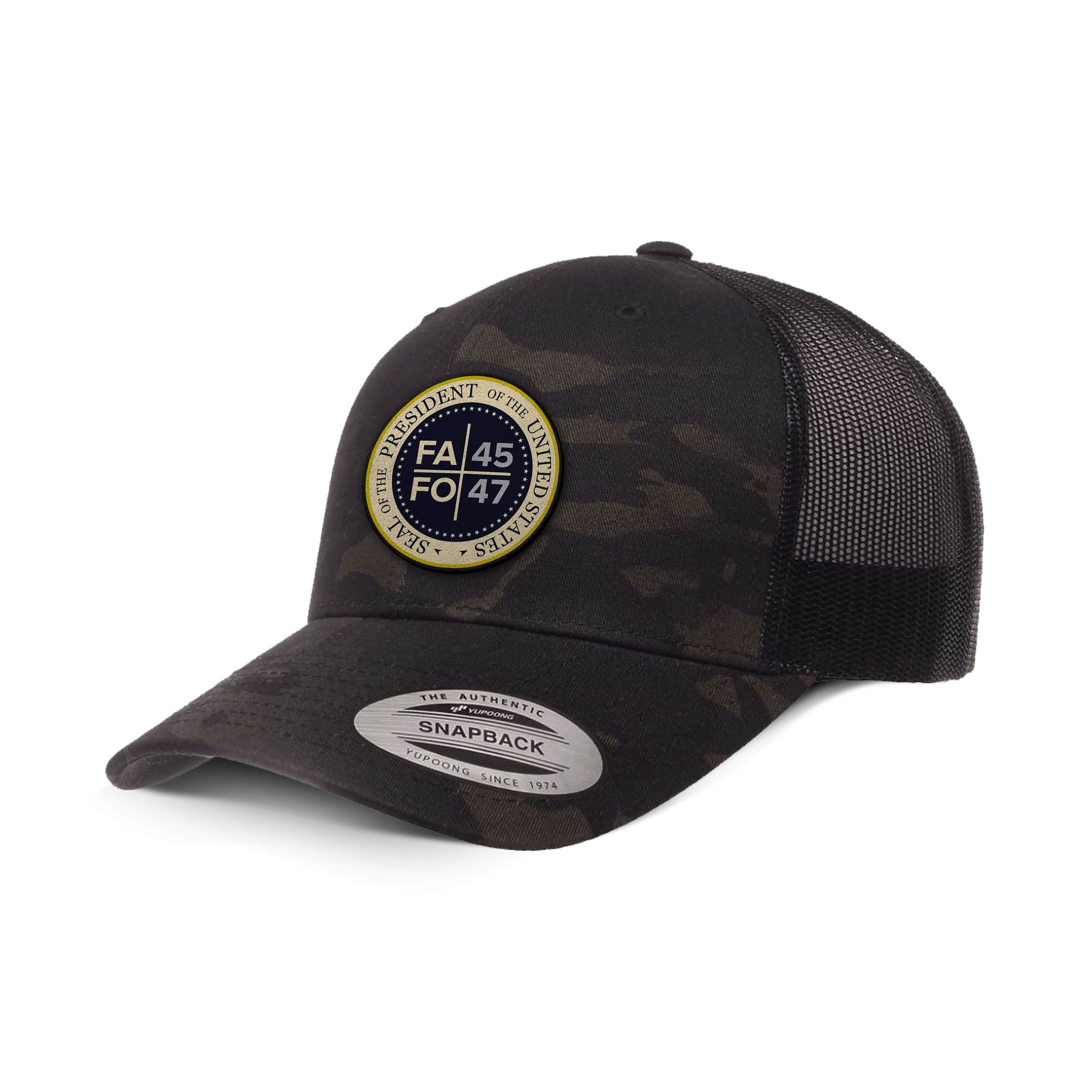 Classics Six-Panel Retro Trucker Cap / Black Multicam / OS FAFO 45 47 Leather Patch Camo Edition Trucker Hat maga trump