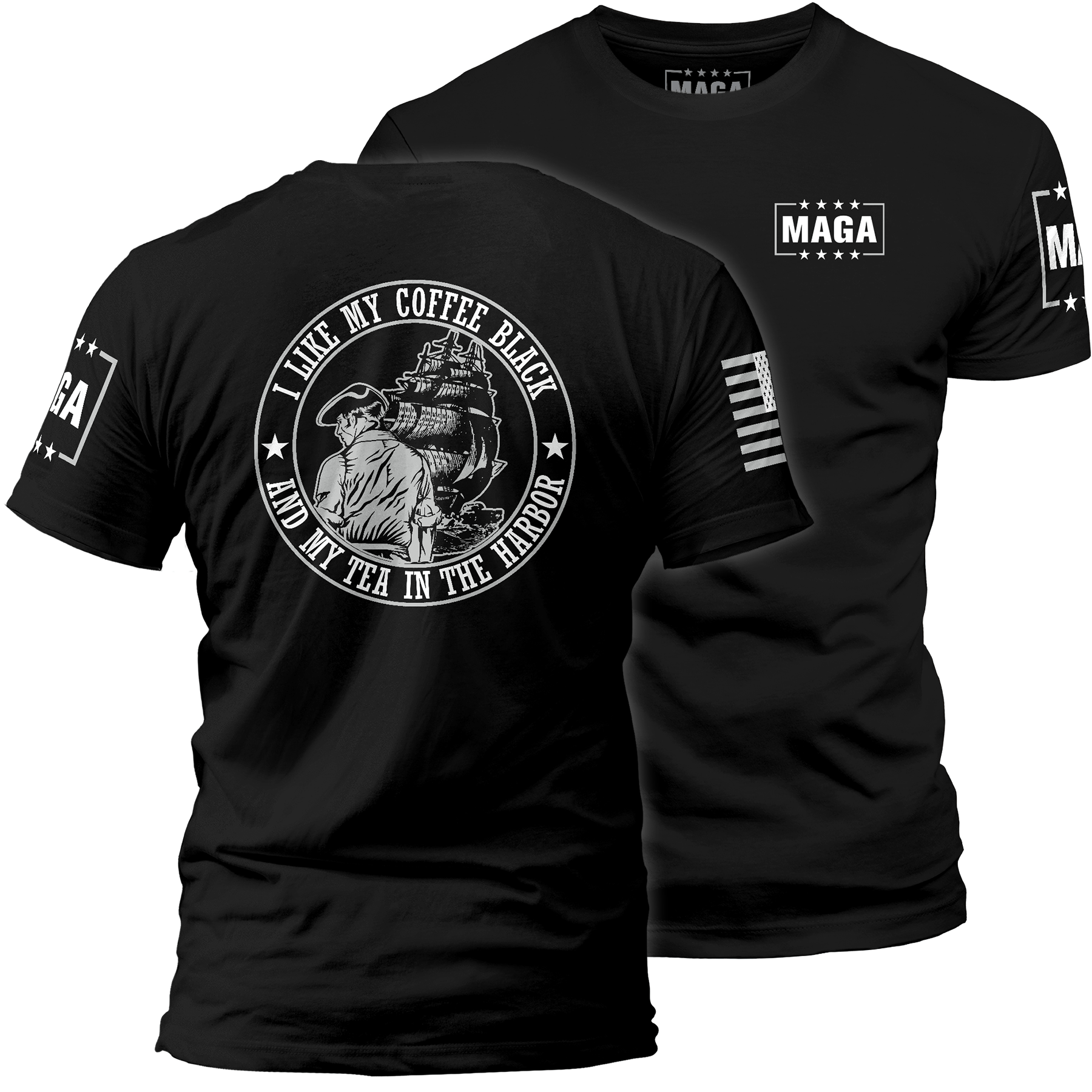 Men's Tee / Black / XS I Like My Coffee Black and Tea in the Harbor with Ship maga trump