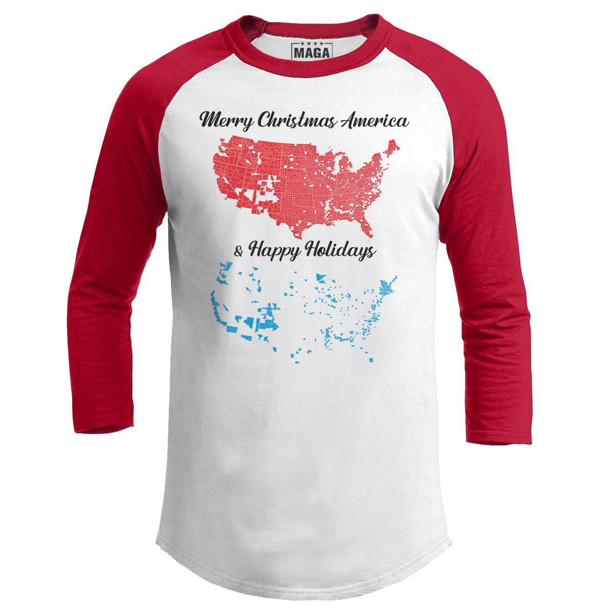 Red / S Merry Christmas America and Happy Holidays Raglan maga trump