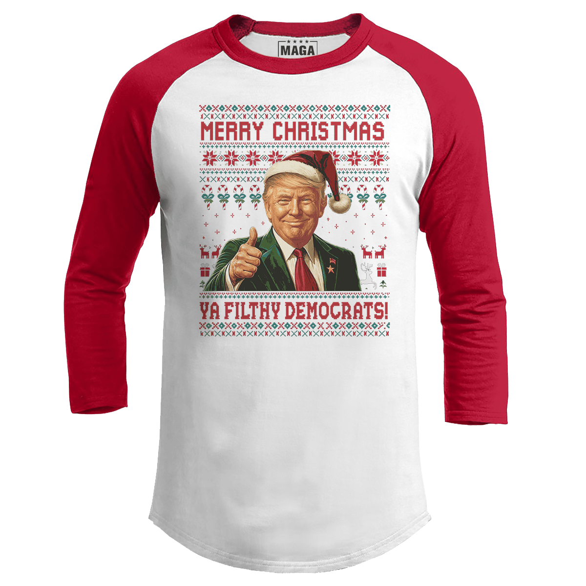 Red / S Merry Christmas Ya Filthy Democrats Raglan maga trump