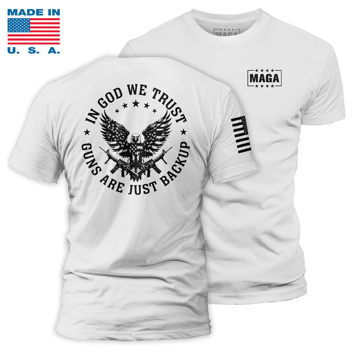 White / S In God We Trust Made in the USA maga trump