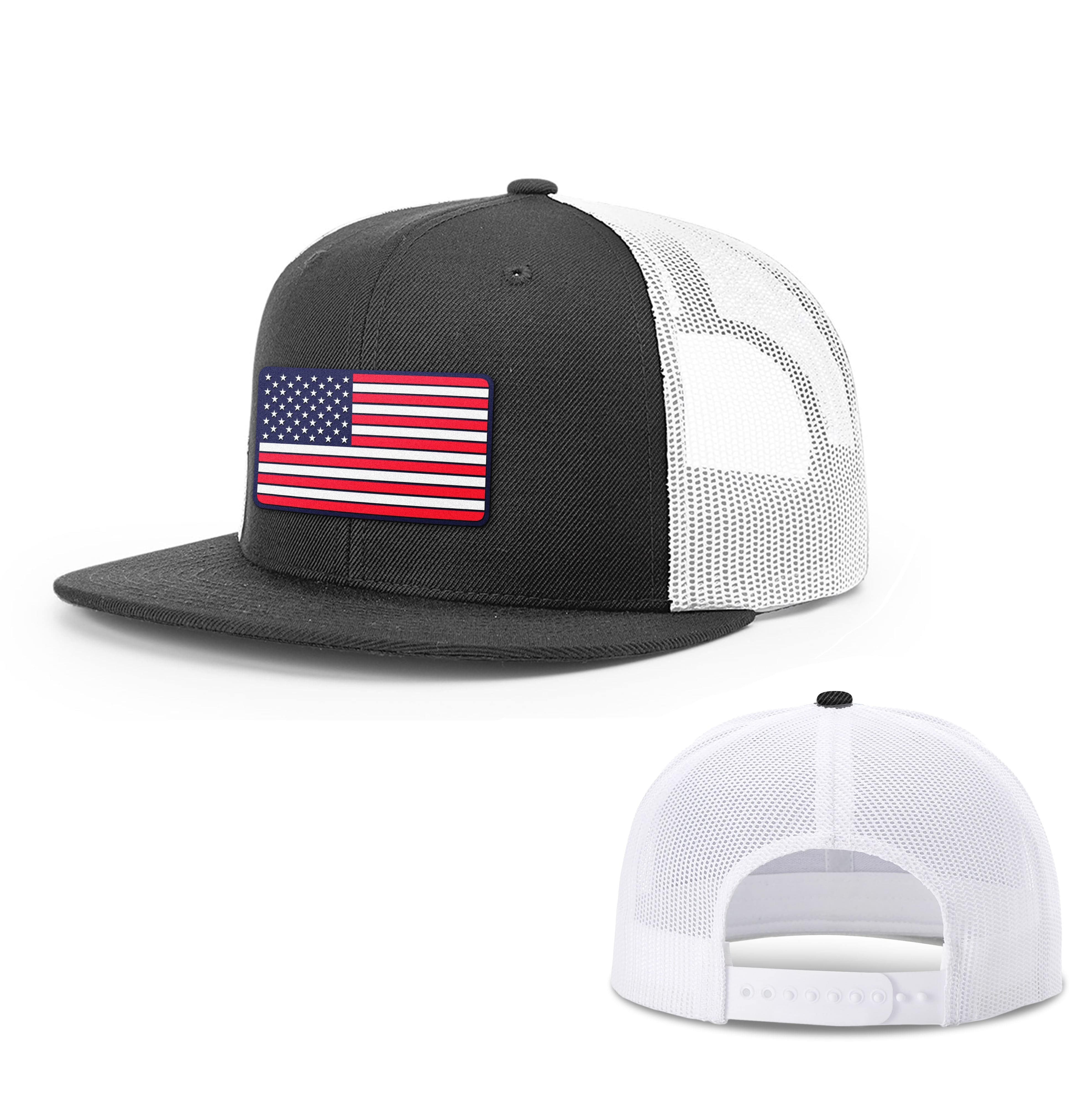 Wool blend flatbill trucker / Black/ White USA FLAG PVC Flat Bill Hat maga trump