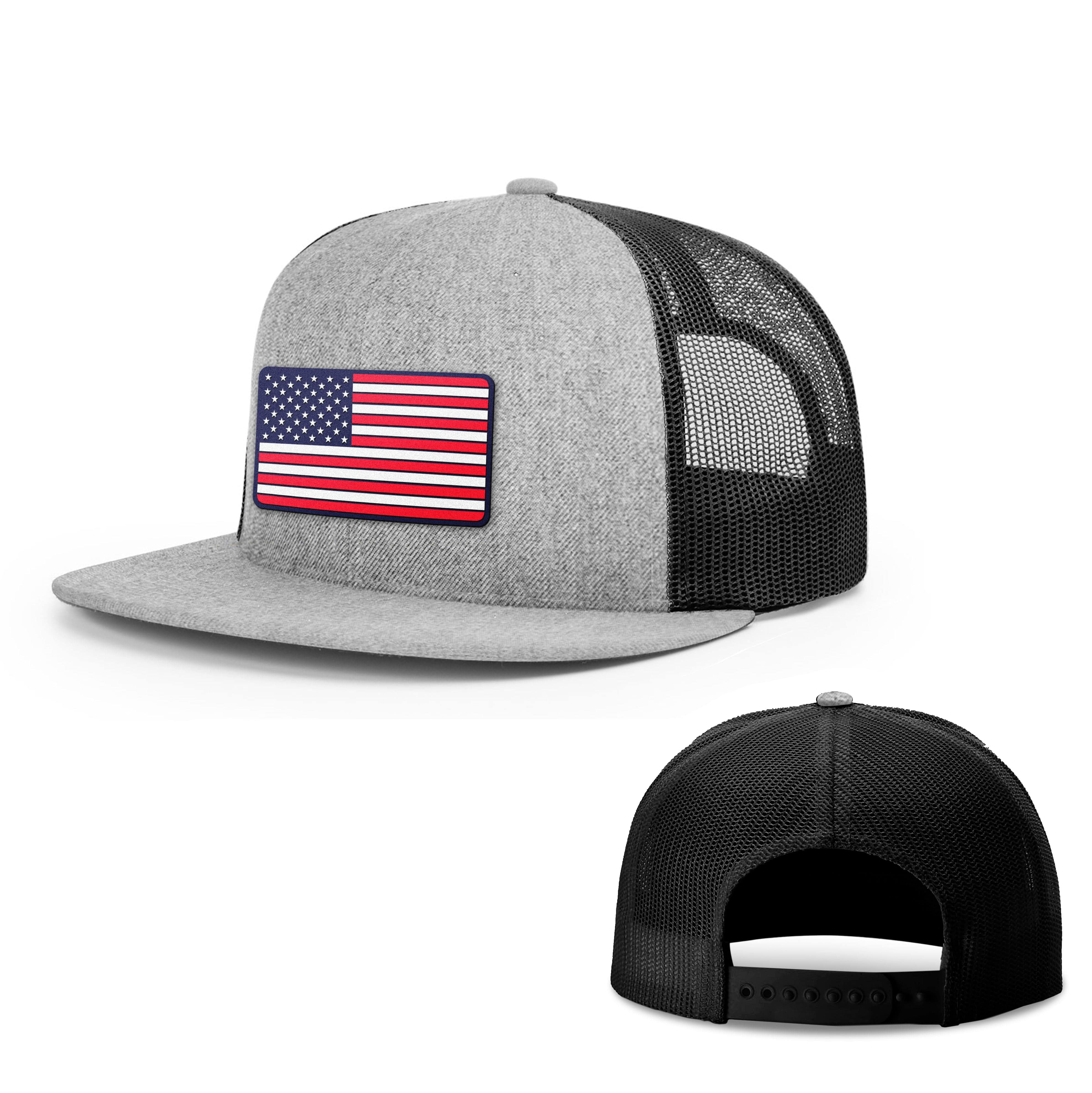 Wool blend flatbill trucker / Heather Grey/ Black USA FLAG PVC Flat Bill Hat maga trump