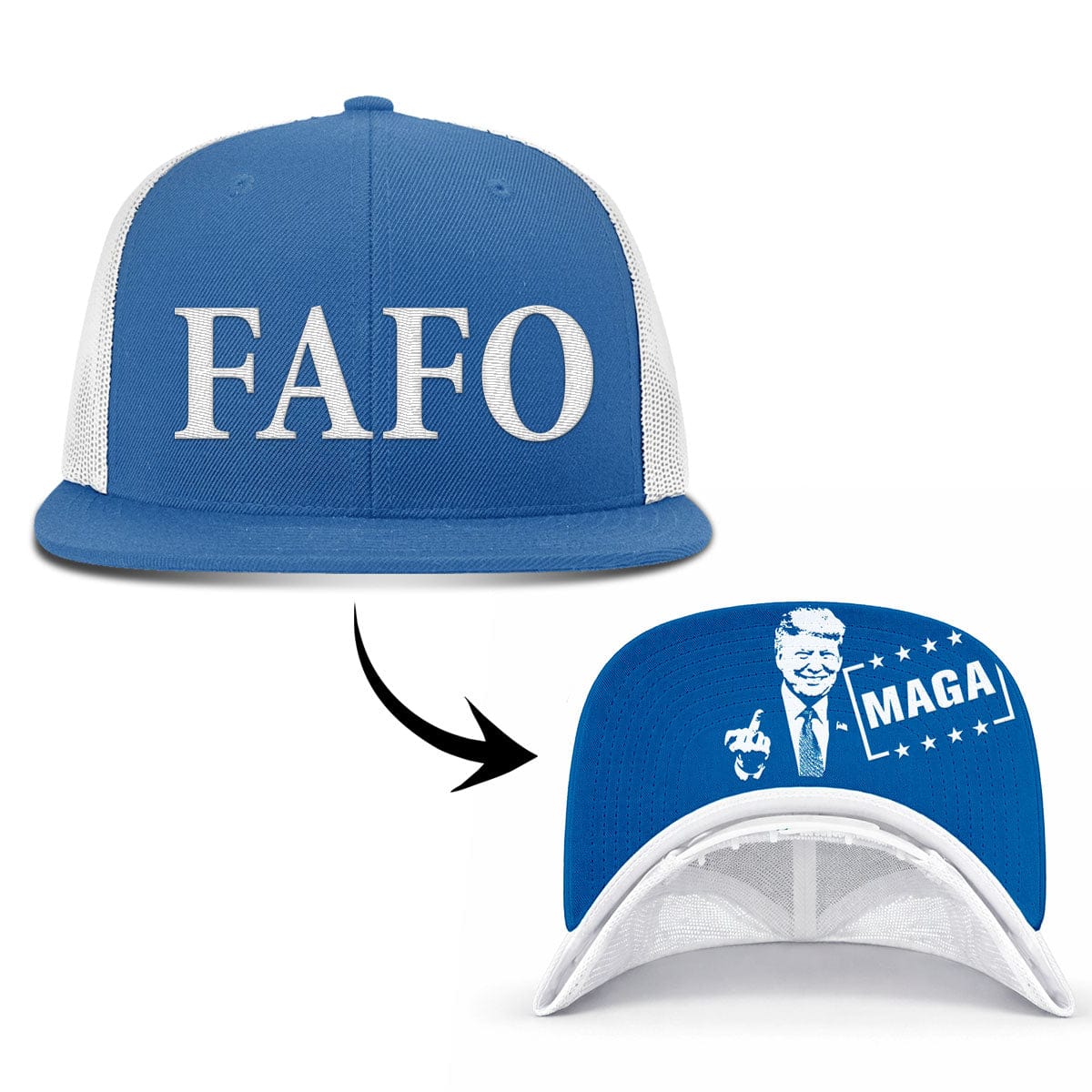 Wool blend flatbill trucker / Royal/White FAFO FlatBill (MF Hat) maga trump