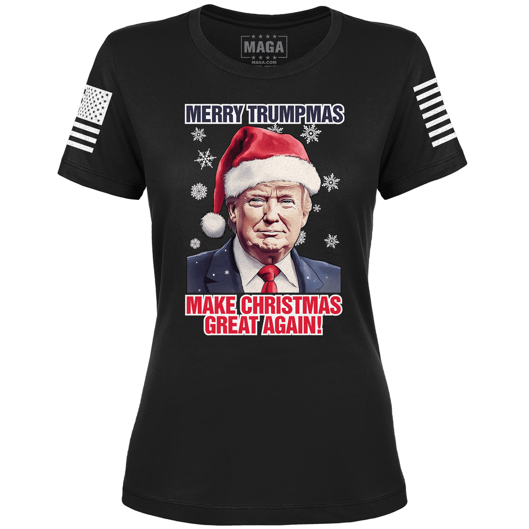 XS / Black Merry Trumpmas Ladies Tee - December 2023 Shirt of the Month Exclusive Design maga trump