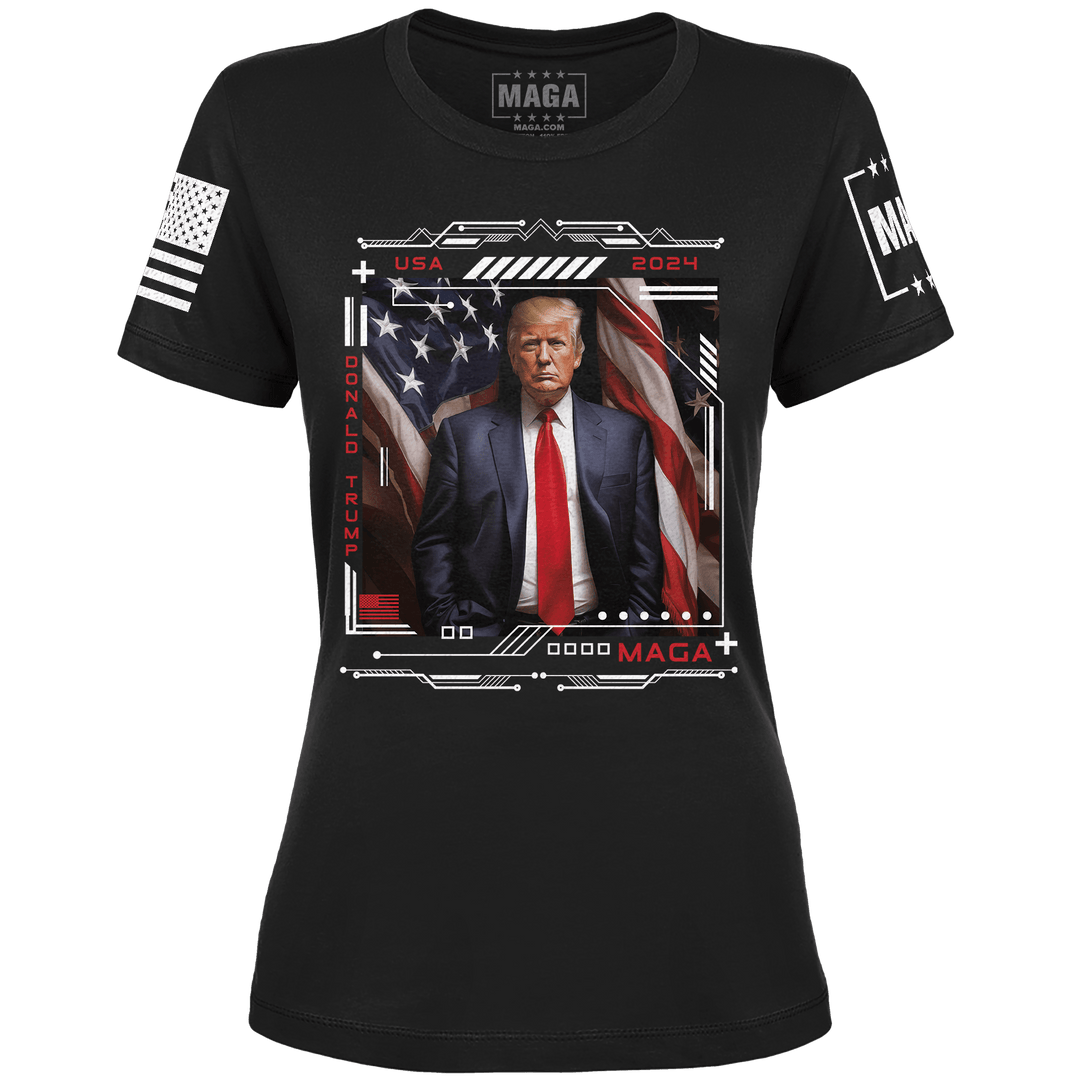XS / Black USA Trump 2024 Ladies Tee - February 2024 Shirt of the Month Exclusive Design maga trump