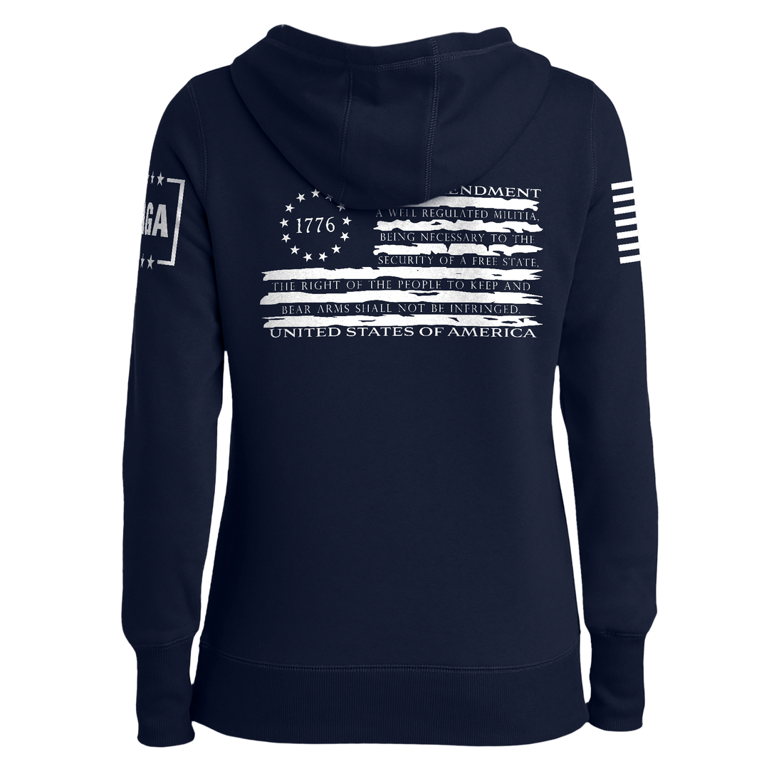 1776 Betsy Tattered Stripes Flag Ladies Hoodie maga trump