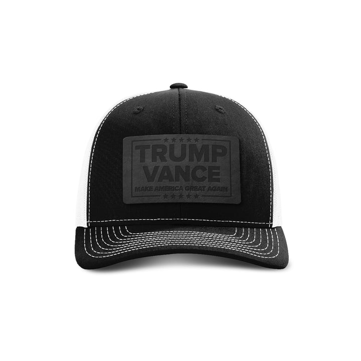 Trump Vance MAGA Blackout Leather Patch Trucker Hat