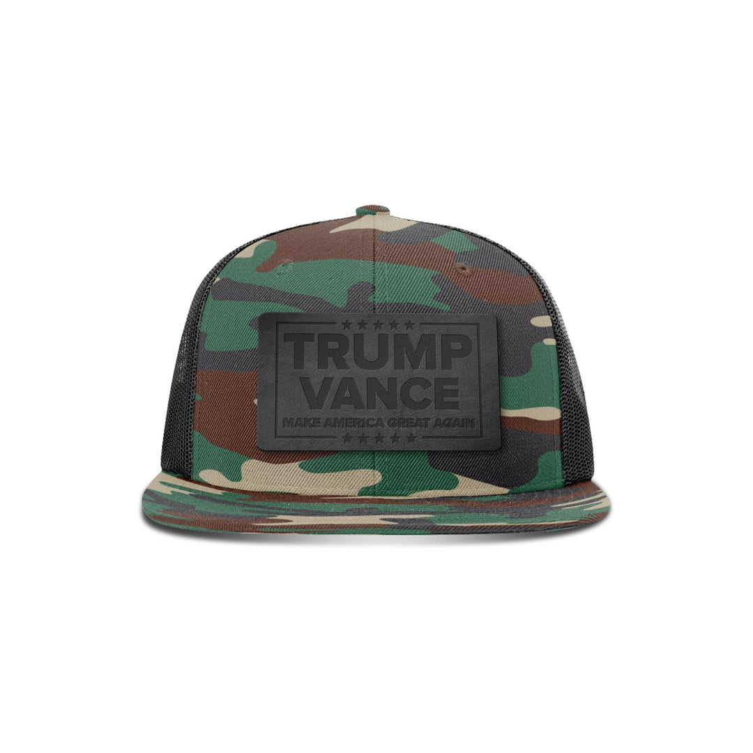 Trump Vance MAGA Blackout Leather Patch Flat Bill Hat