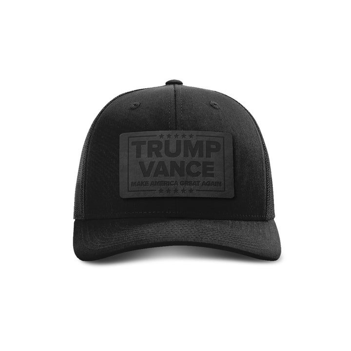 Trump Vance MAGA Blackout Leather Patch Trucker Hat