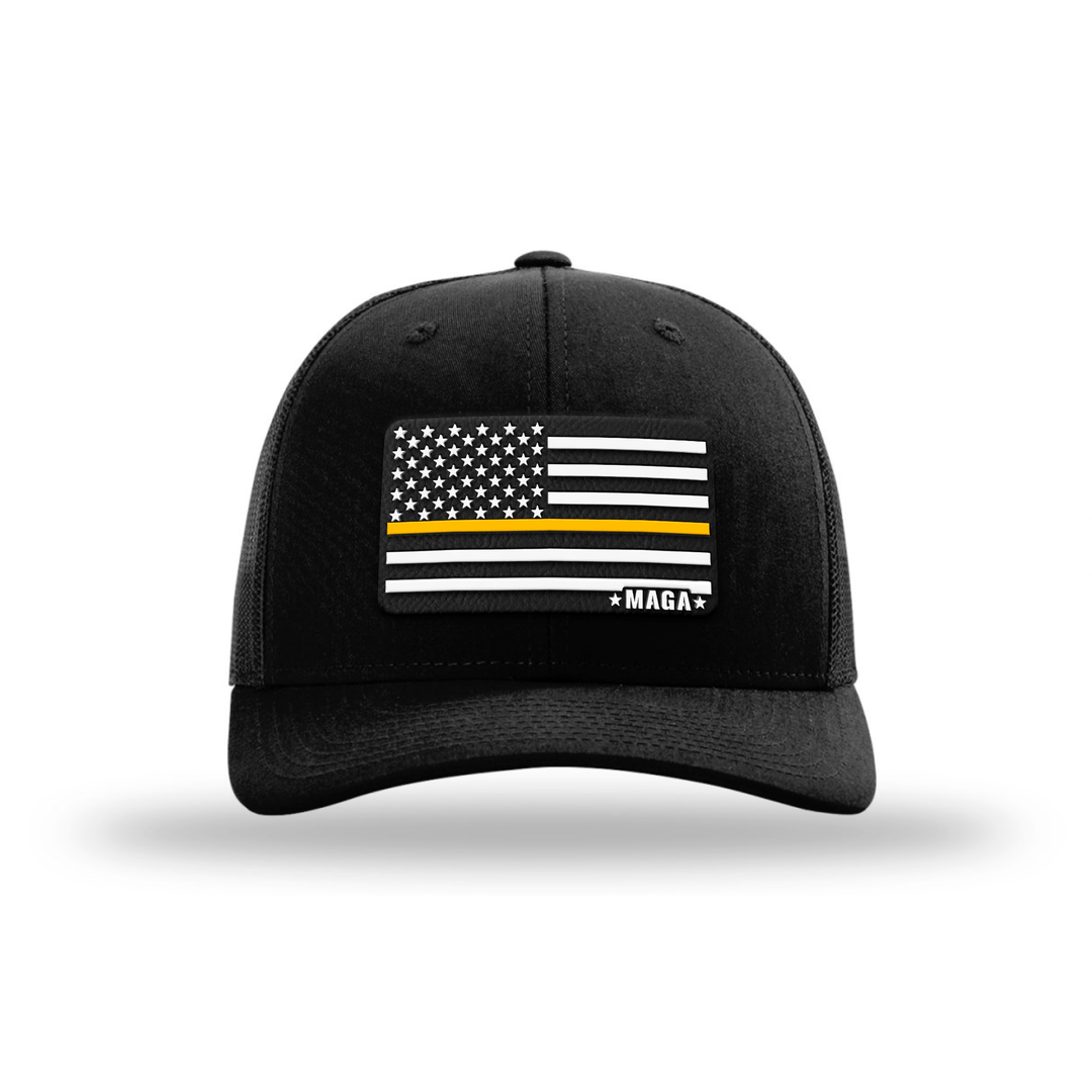 Adjustable Snapback Trucker Cap / Black Maga Thin Yellow Line Flag Hat maga trump