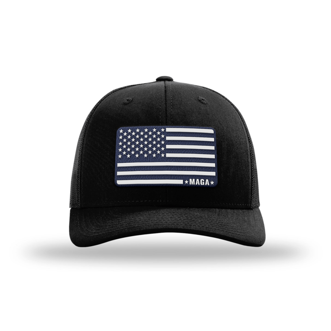 Adjustable Snapback Trucker Cap / Black - Navy MAGA American Flag Trucker maga trump